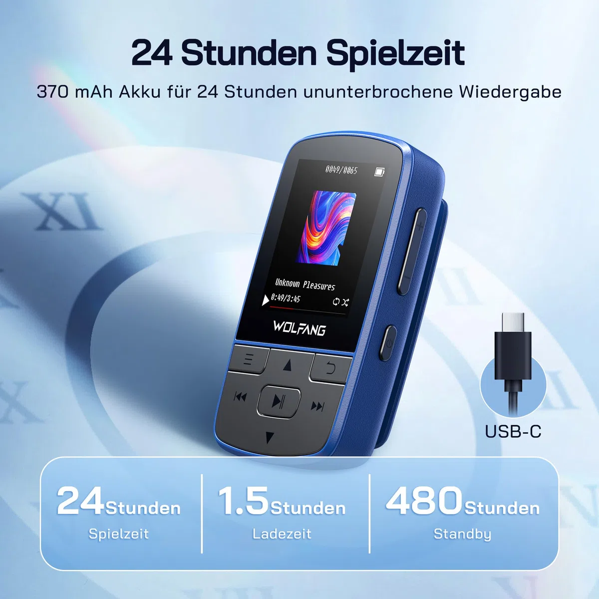 WOLFANG MP3-Player mit Bluetooth 5.2, Sportclip, Mini-Größe, Gewicht 28,3 g, HiFi FM-Radio, Diktiergerät, Kopfhörer im Lieferumfang enthalten