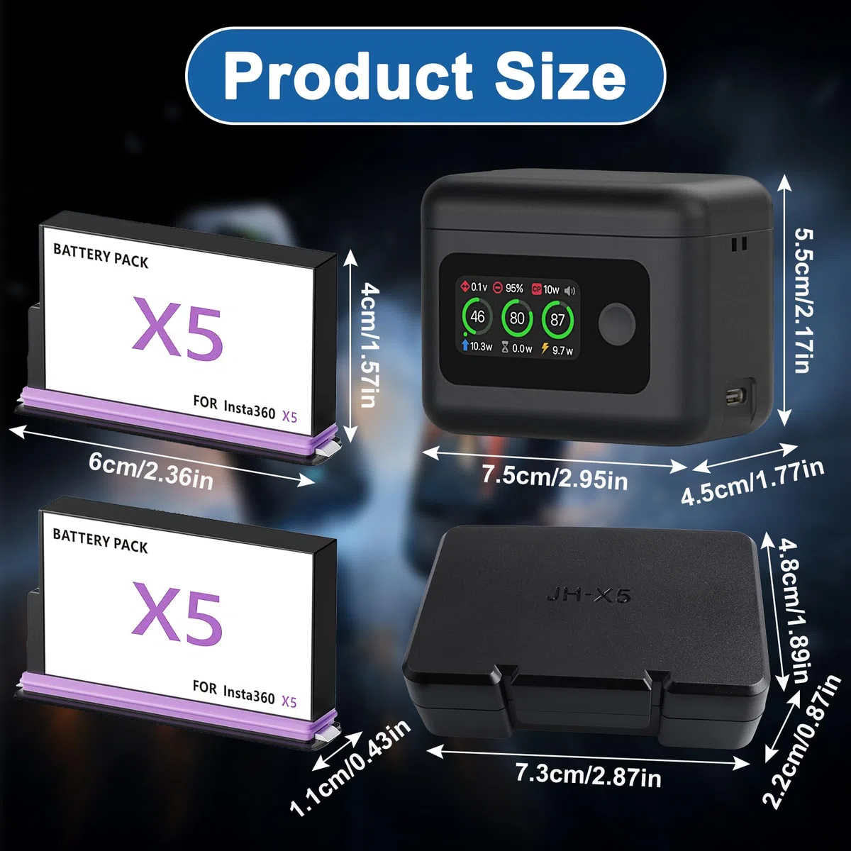 2PCS 360 X5 Akku 2800 mAh mit 2 Steckplatz USB Schnellladung Ladegerät Case Zubehör, LCD Display, Zeigt den Batterie SOC Kompatibel mit Insta 360 X5 Kamera (Insta 360 X5)
