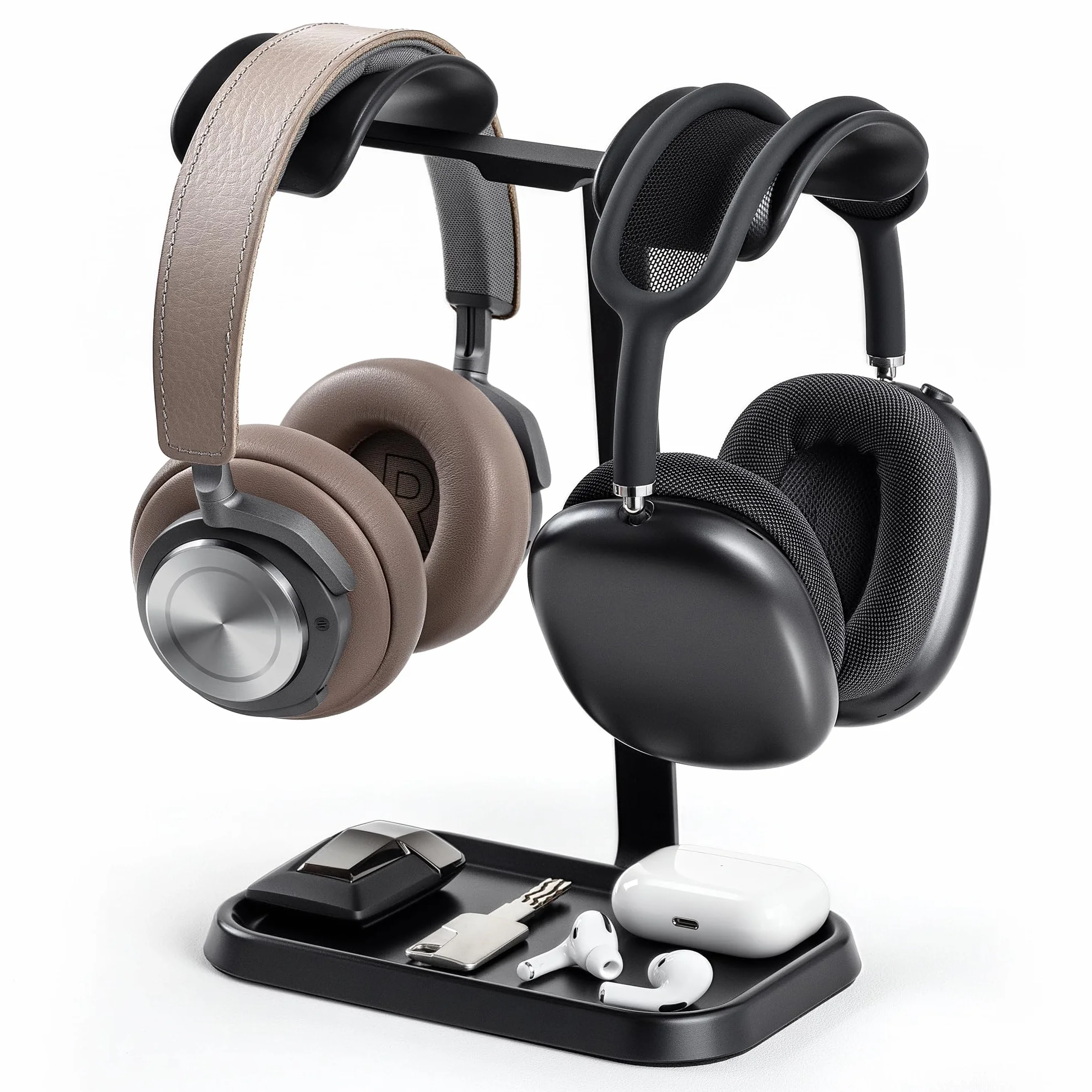 Doppel Kopfhörer Ständer, Stabiler Doppel Headset Halterung mit Ablagefach, Schwere Basis Gaming Kopfhörer Halter mit für Schreibtisch (Schwarz)