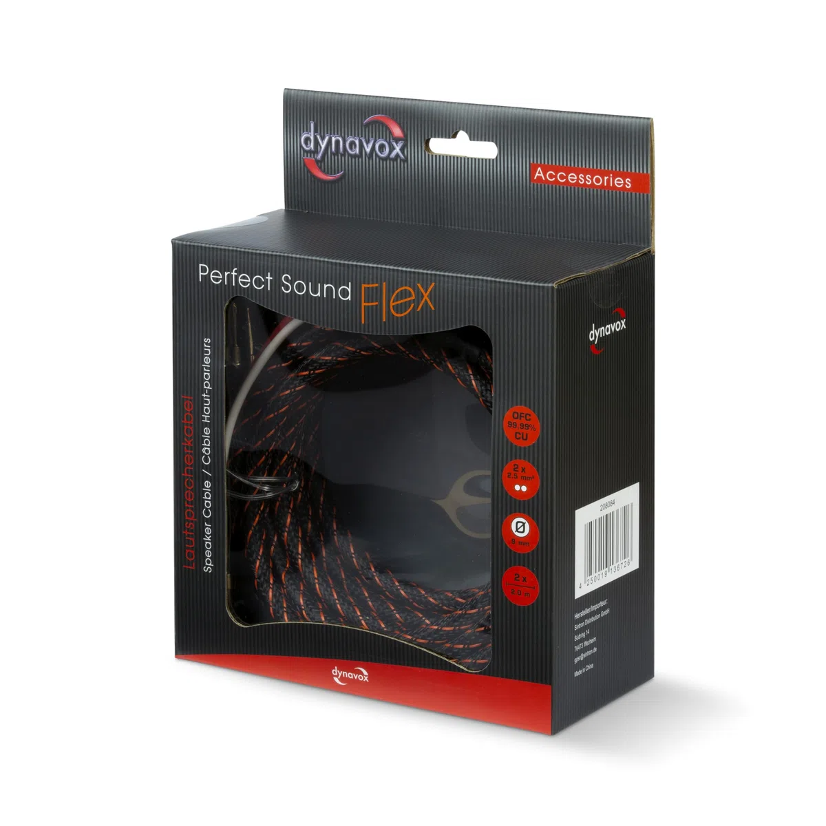 Dynavox Perfect Sound Flex Lautsprecherkabel, konfektioniert, extrem flexibel, HiFi Kabel mit vergoldeten Bananenhohlsteckern, verlustfreie Signalübertragung, hochreines OFC-Kupfer, Paar, Länge 2m
