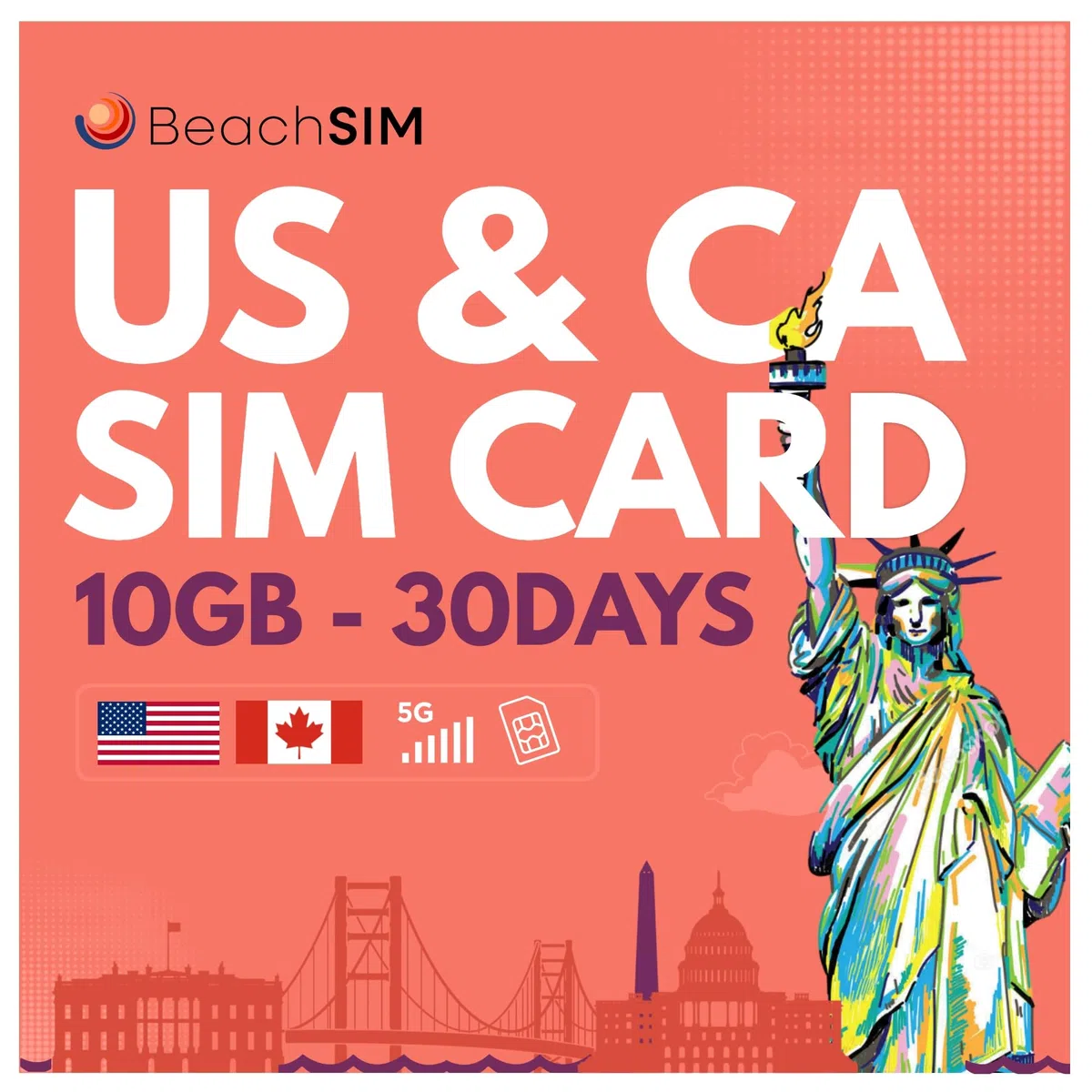 SIM Karte Kanada 30 Tage. 10 GB Datenvolumen mit 4G/5G-Netzen. Kostenloses Roaming in den USA. Nur Daten. Einfaches Aufladen. Funktioniert auf iOS- und Android-Geräten.