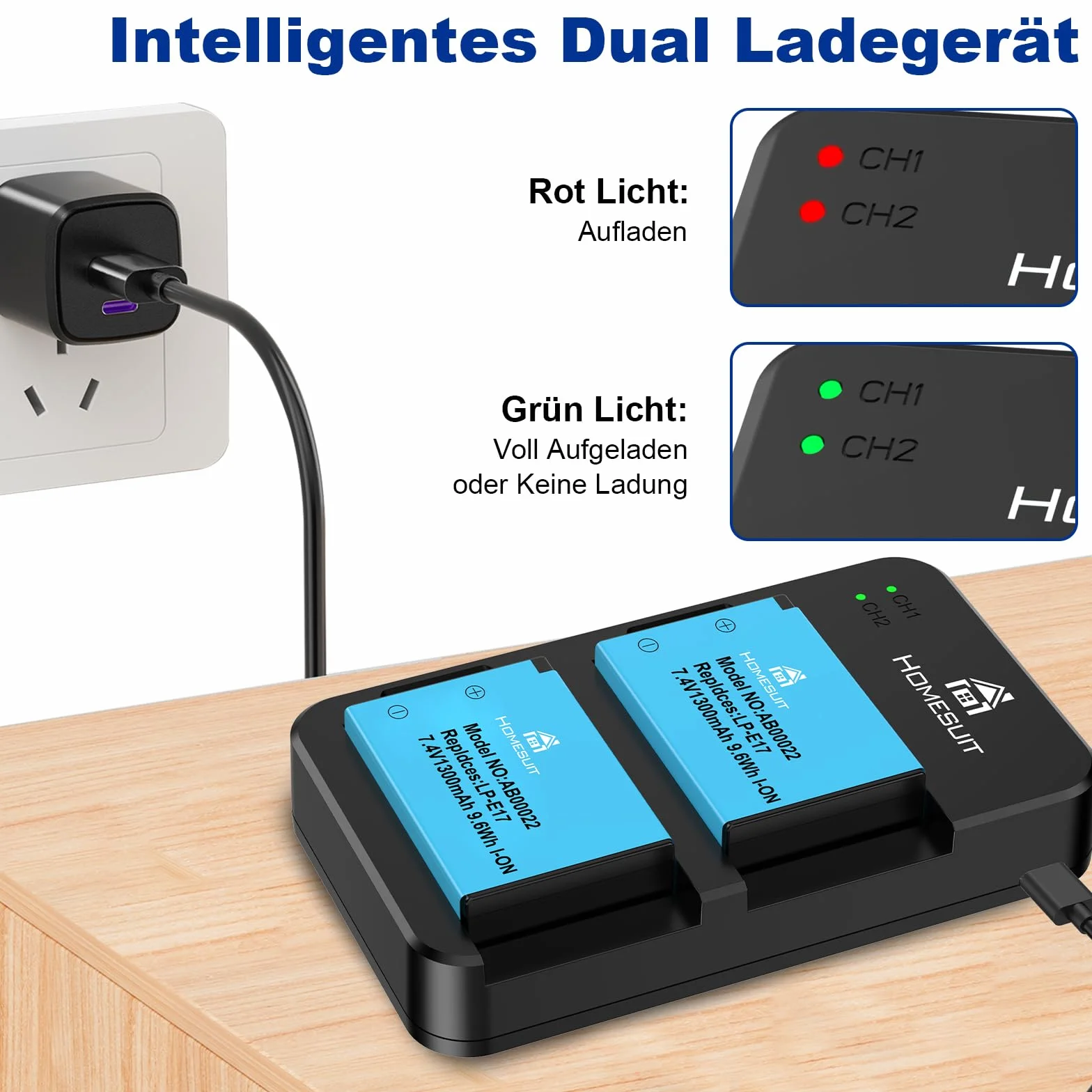 Homesuit 2er-Pack LP-E17 Akku 1300mAh & Typ-C LED Dual Ladegerät Kit für Canon EOS RP, R8, R10, R50, R100, M3, M5, M6, 200D, 77D, 750D, 760D, 800D, 8000D, Rebel SL3, SL2, T8i, T7i, T6i, T6s und mehr
