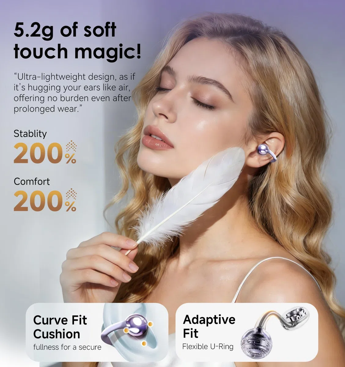 King Lucky Open-Ear-Kopfhörer Kabellos Bluetooth 6.0–Clip-On-Ohrhörer mit Mikrofon,50h Spielzeit,ENC,IPX5 Wasserfes –Komfortabel für kleine Ohren&Brillenträger,Ideal für Sport (Lila, Standard)