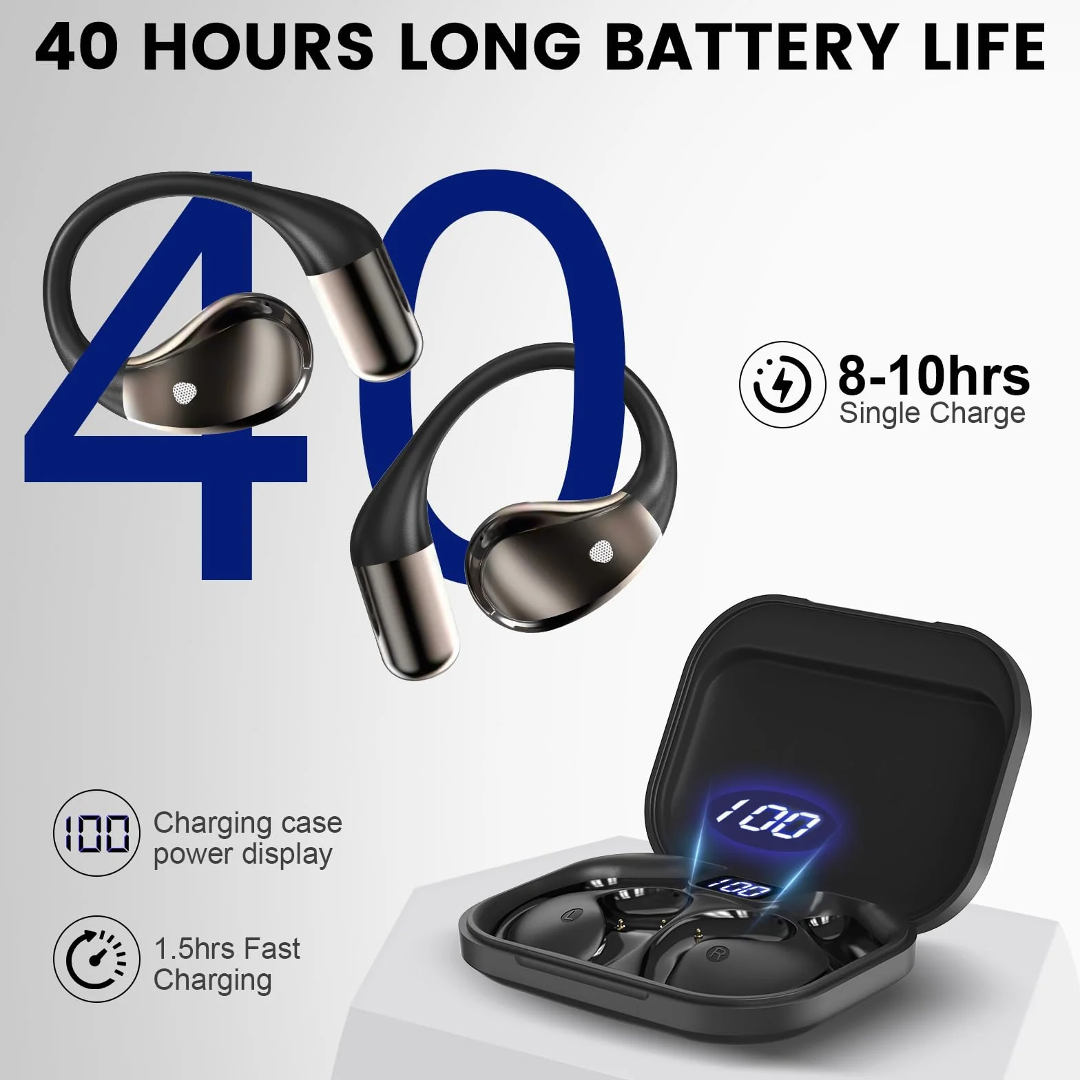 Open Ear Kopfhörer Bluetooth 6.0 mit HD Mic, 2025 Kopfhörer Kabellos Bluetooth HiFi Stereo mit Ohrhaken, 40H Spielzeit, Bluetooth Kopfhörer mit LED-Anzeige, IP7 Wasserdicht Ohrhörer für Sport, Schwarz