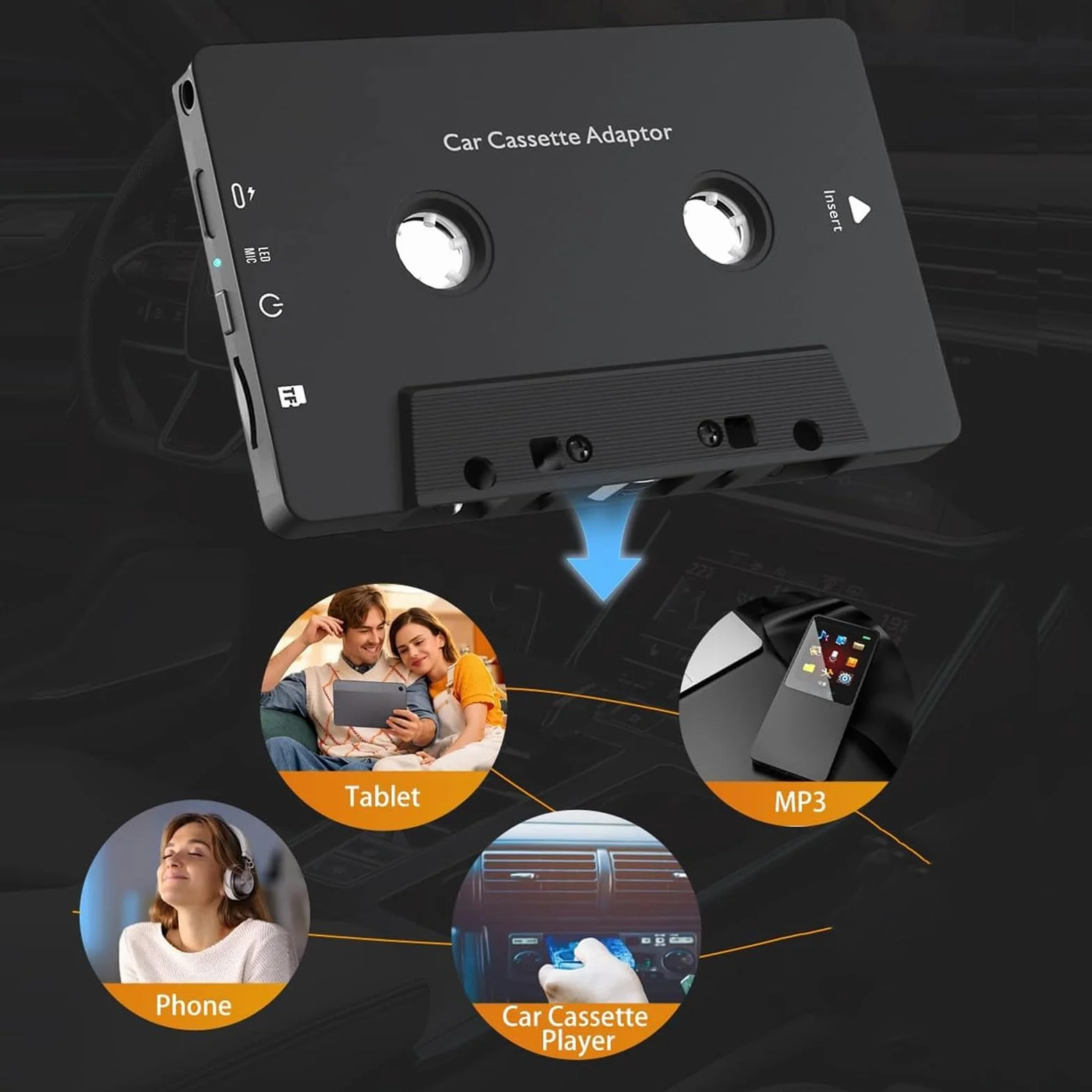 Bewinner ‌Bluetooth-Kassettenempfänger 5.4 |Lenkradfernbedienung, Kabelloser AUX-Adapter für das Auto, Unterstützt MP3/SD-Karte und Telefonanrufe, kein Auto-Mod Erforderlich