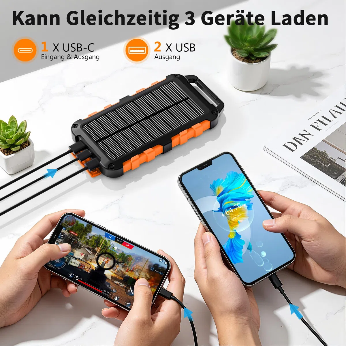 Solar Powerbank 10000mAh PD 22,5W Tragbares Solar Ladegerät USB C Outdoor Wasserdicht Externer Akku mit LED-Licht und 3 Ausgängen für Tablets Smartphones Outdoor Camping Orange