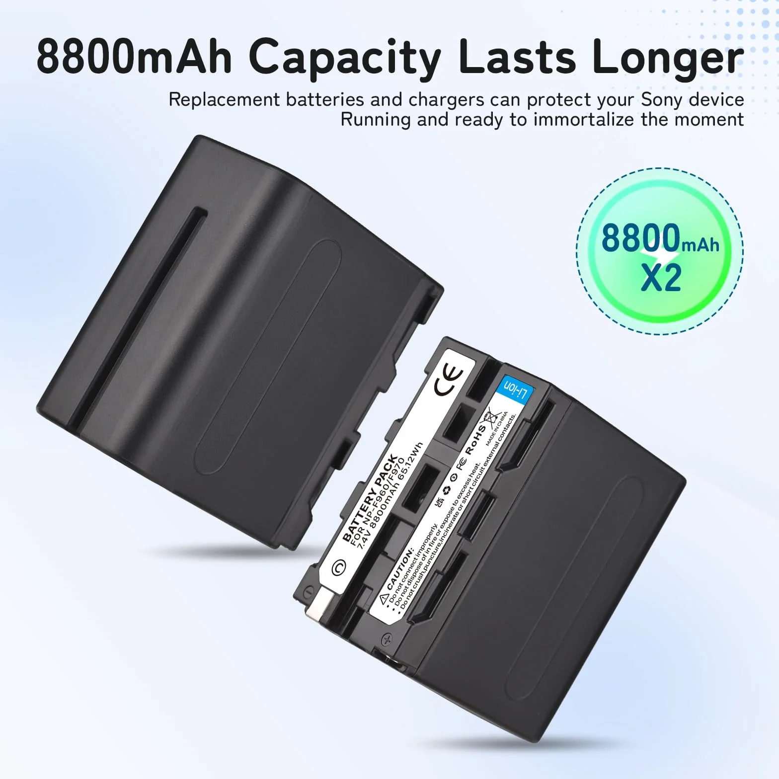 2-Pack 8800mAh Ersatzakku für Sony NP-F970 und USB-Ladegerät für Sony NP-F960 NP-F950 NP-F930 NP-F550 NP-F570 NP-F750 Batterien, für Handycams, Feldmonitor, Videolicht