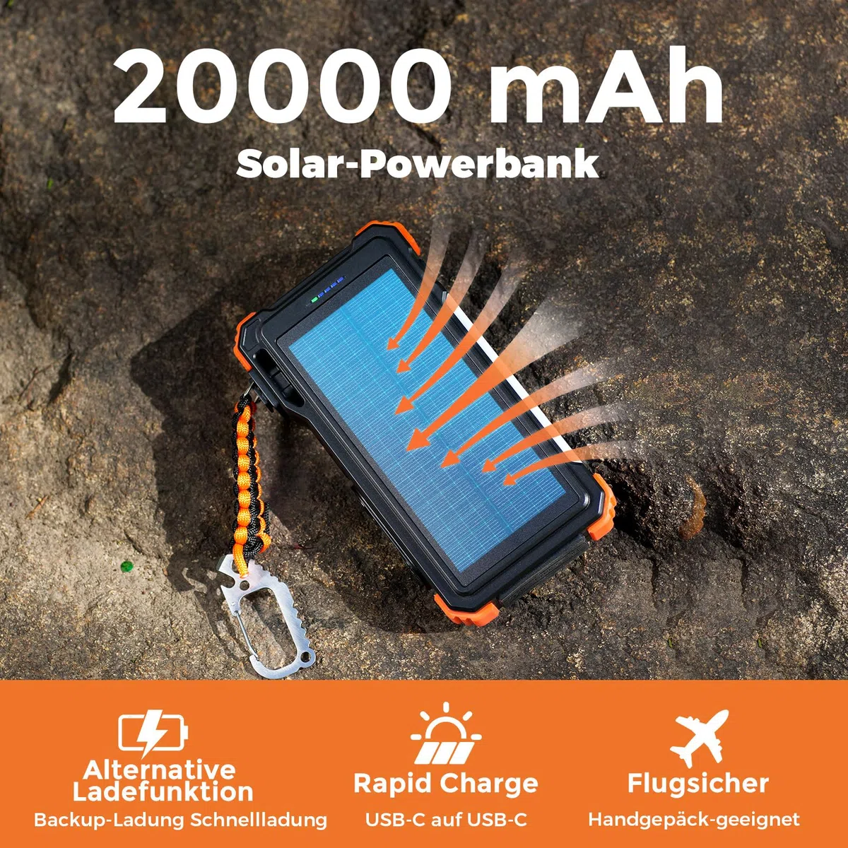 BLAVOR Solar Power Bank 20000mAh mit Kable, 20W Schnellladung Solar Ladegerät USB C Externer Akku Portable Charger mit Taschenlampen und Karabiner für alle Handy, Wireless Ladegerät für Apple Watch