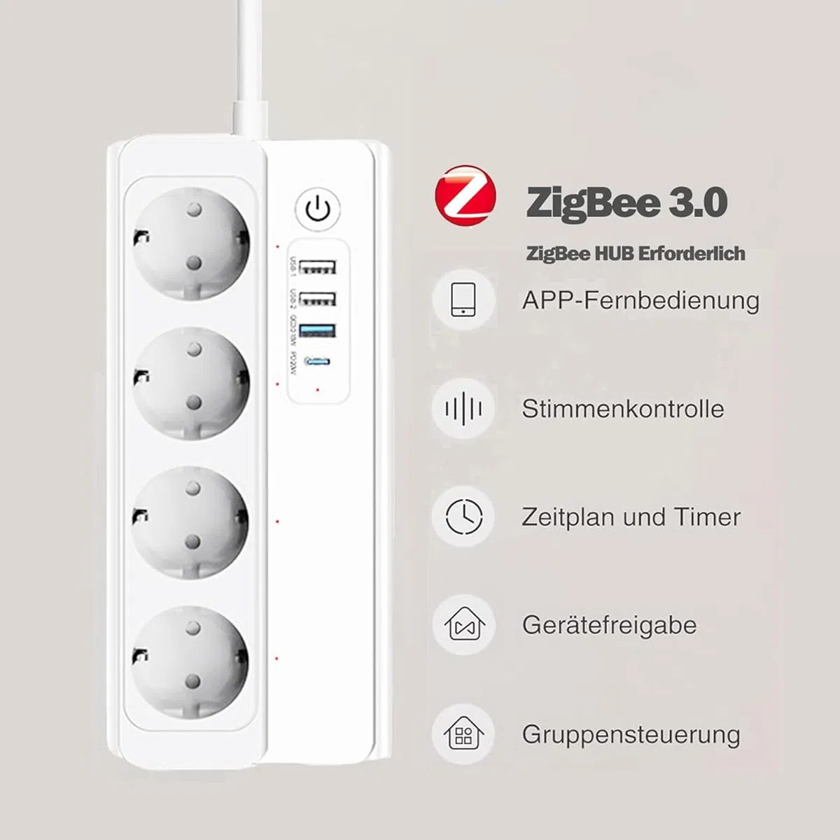 ZigBee Mehrfachsteckdose, Überspannungsschutz, 1,5 m Verlängerungskabel, Vier USB-Anschlüsse (DREI USB-A und EIN USB-C), kompatibel mit Home Assistant, 2MQTT, ZHA, Alexa und Google