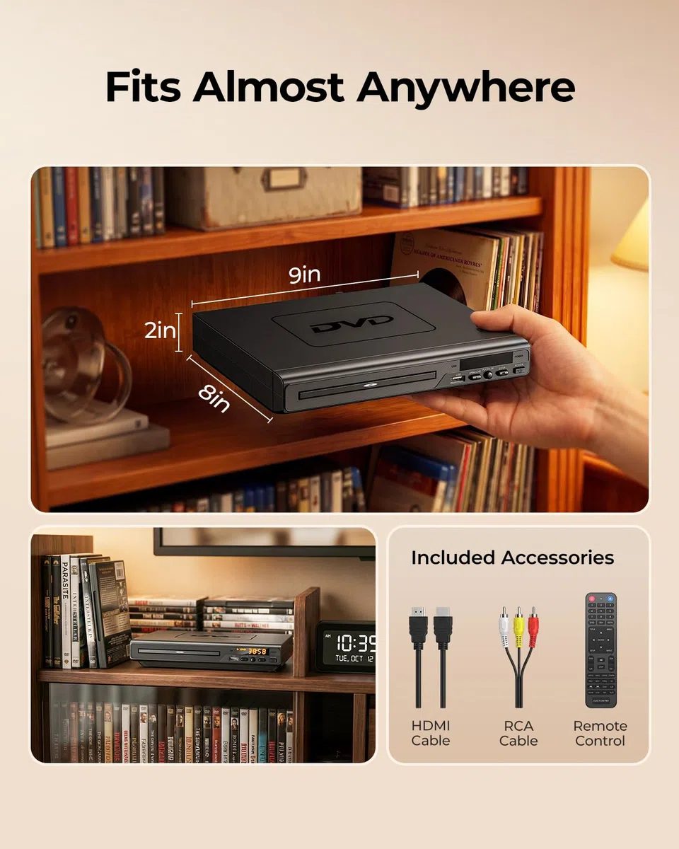 ELECTCOM PRO DVD Player für Fernseher (HD 1080P), Regionen Frei DVD Player Hdmi für Fernseher, HDMI und RCA in der Verpackung Enthalten, DVD-Spieler für Senioren