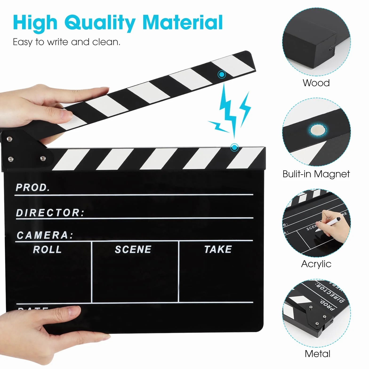 Regisseure Clapper Board für Film, Hollywood Slate Move Photography Video TV Cut Action Szene Acryl Clapper Board mit einem magnetischen Tafelradierer, zwei benutzerdefinierten Stiften,