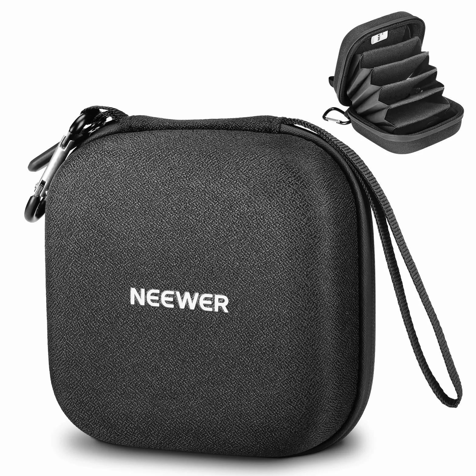 NEEWER PB12 11 x 11cm Filter Aufbewahrungstasche mit erweiterbaren Unterteilungen, Handschlaufe und Karabiner für 4 Rundfilter 86mm