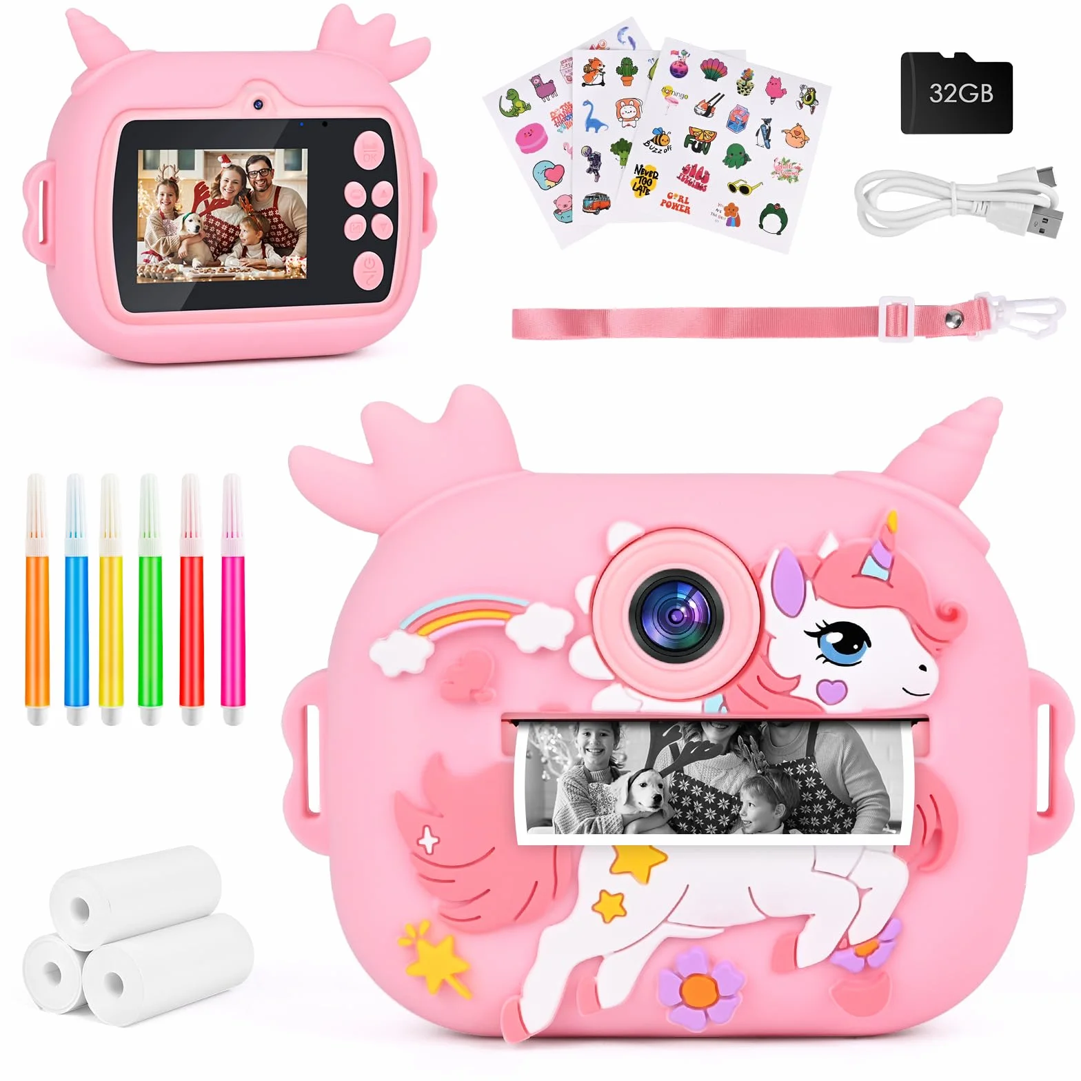 Sofortbildkamera, 2,4 Zoll (6,1 cm) Display, Digitalkamera für Kinder, Videokamera mit Druckpapier und Karte 32 GB farbige Stifte, Weihnachten, Geburtstag, Geschenk für Kinder 3 – 10 Jahre (Rosa)
