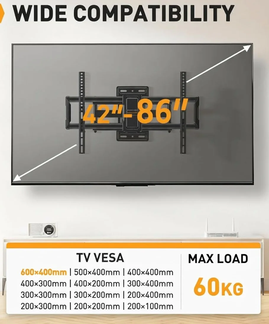 Perlegear TV Wandhalterung Schwenkbar Neigbar für 42-86 Zoll Flach & Curved Fernseher, TV Halterung max.VESA 600x400mm bis zu 60kg