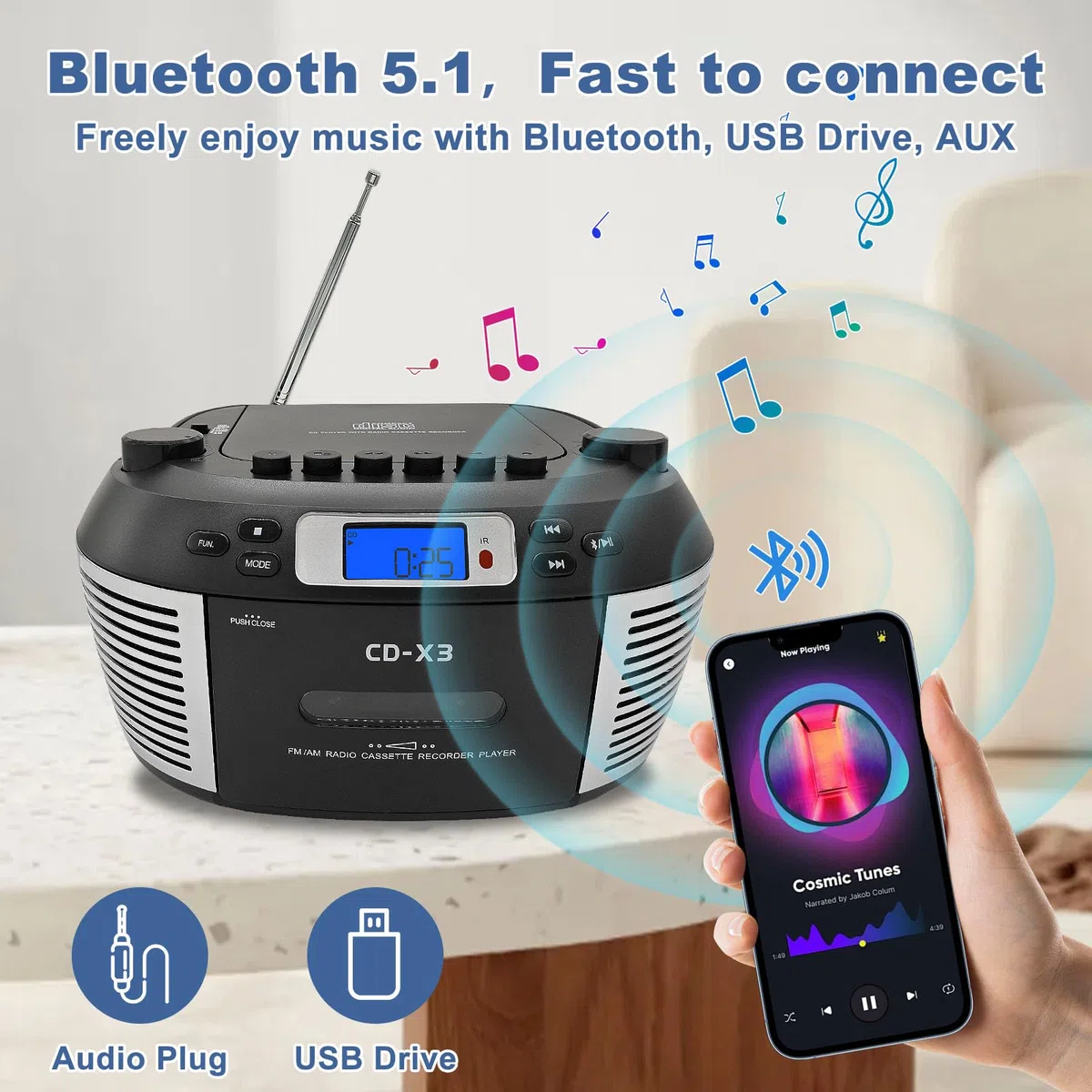 Tragbarer CD- & Kassettenplayer mit Fernbedienung – Inklusive FM/AM-Radio, USB-Wiedergabe, Bluetooth-Lautsprecher, Aufnahmefunktion und Netz-/Batteriebetrieb (Nicht inkl)