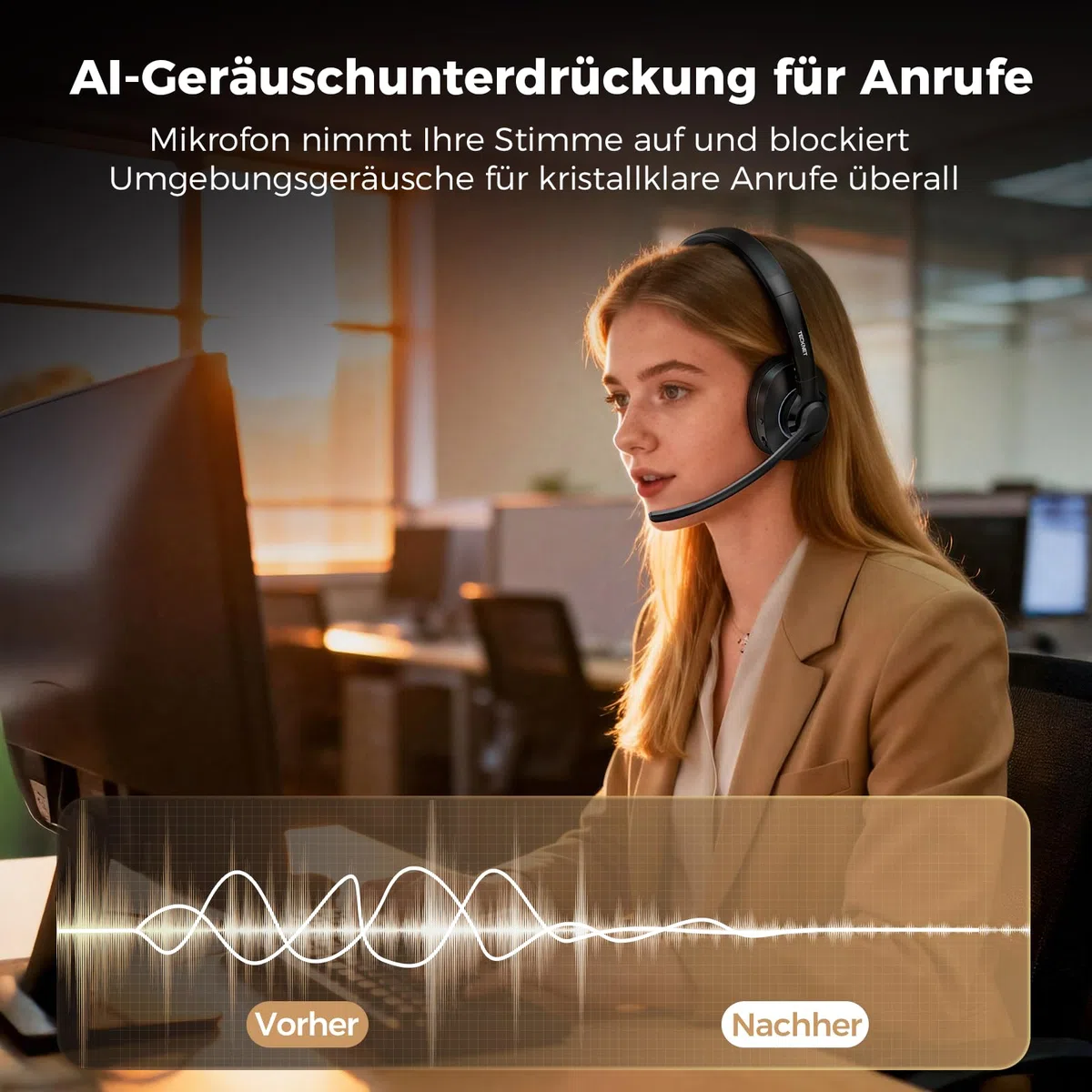 TECKNET V6.0 Bluetooth Headset mit Mikrofon,Wireless Headset mit AI Noise Cancelling Bluetooth Kabellos Kopfhörer PC On Ear mit USB-C Empfänger Büro/Trucker/Callcenter - 50+ Std. Akku