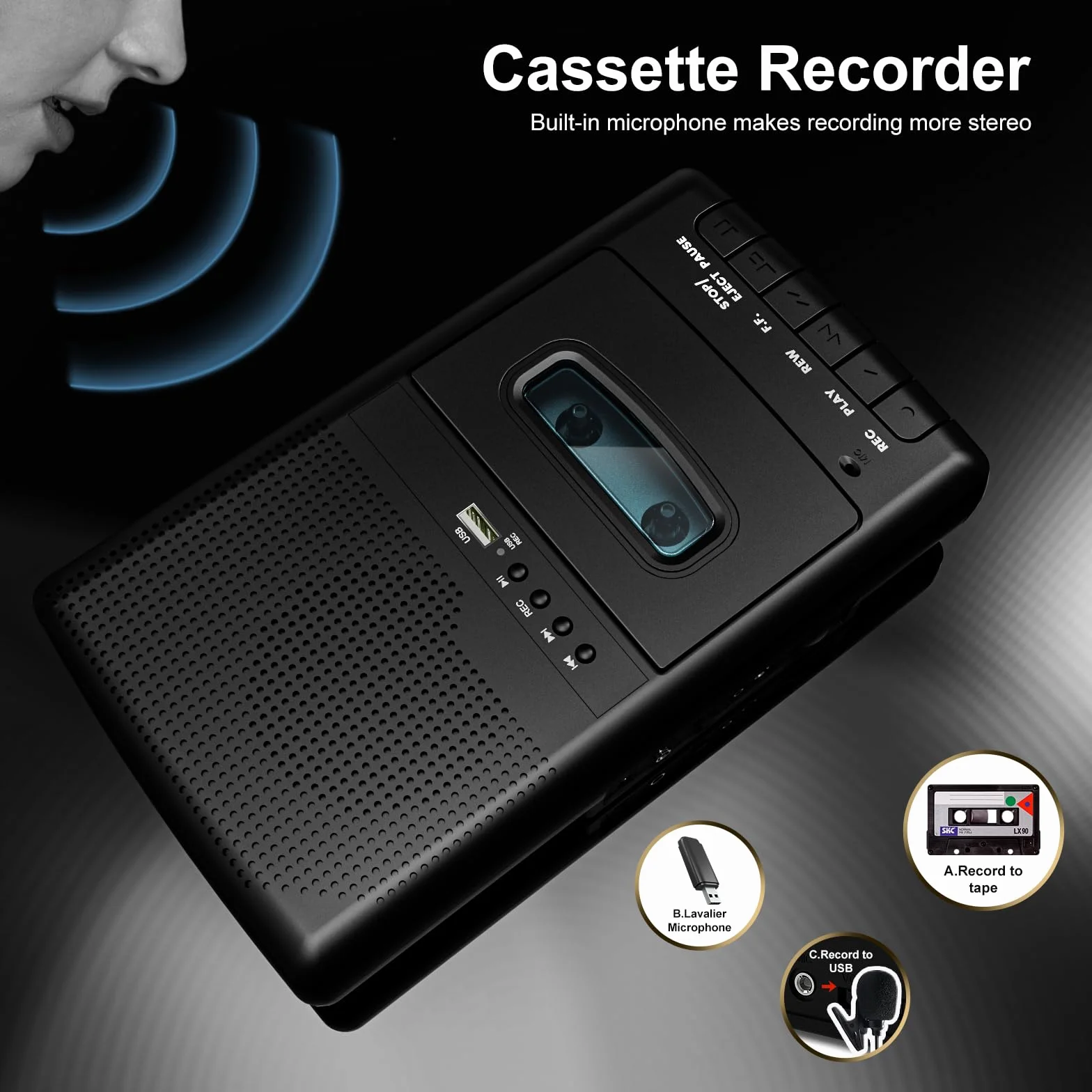 Tragbarer Kassettenrecorder mit One Touch Aufnahme, Mobiler Kassettenspieler & USB-Digitalisierer,Kassettenspieler-Recorder,Eingebauter Lautsprecher, Ausziehbarer Griff, 3,5-mm-Kopfhörer,Schwarz
