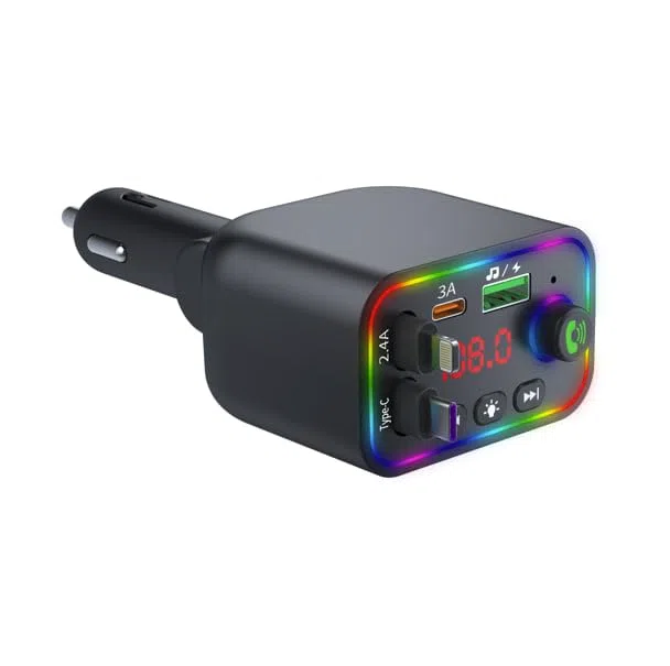 CAR-L4 FM Transmitter Auto Bluetooth 5.3, 120W Schnellladegerät mit USB/3.1A, Typ-C & Lightning Kabel, Schwenkbarer Kopf, 7-Farben LED, MP3 Player, Freisprechanlage, U-Disk Unterstützung