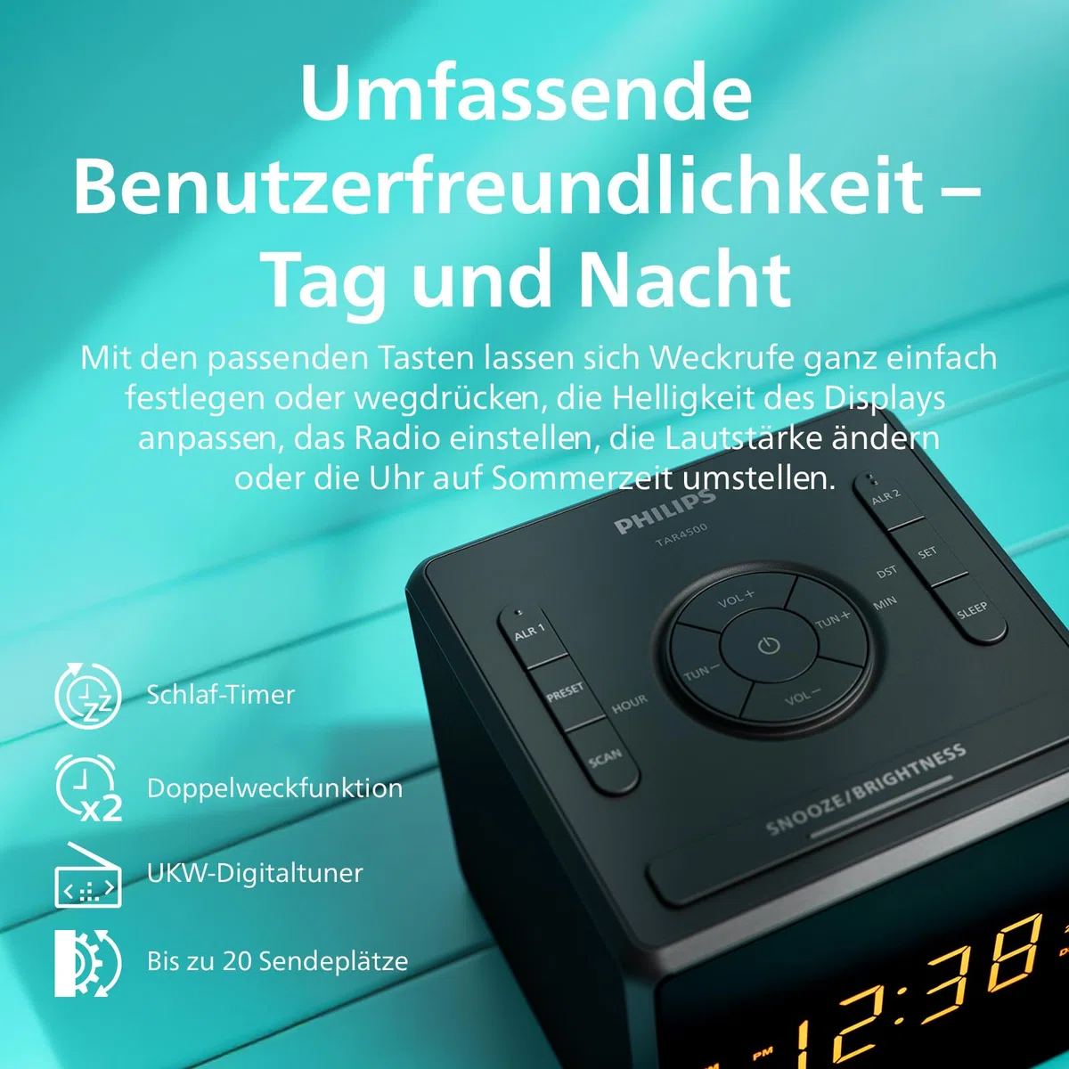 Philips TAR4500 Dual-Alarm FM Radiowecker mit USB-C-Ladeanschluss