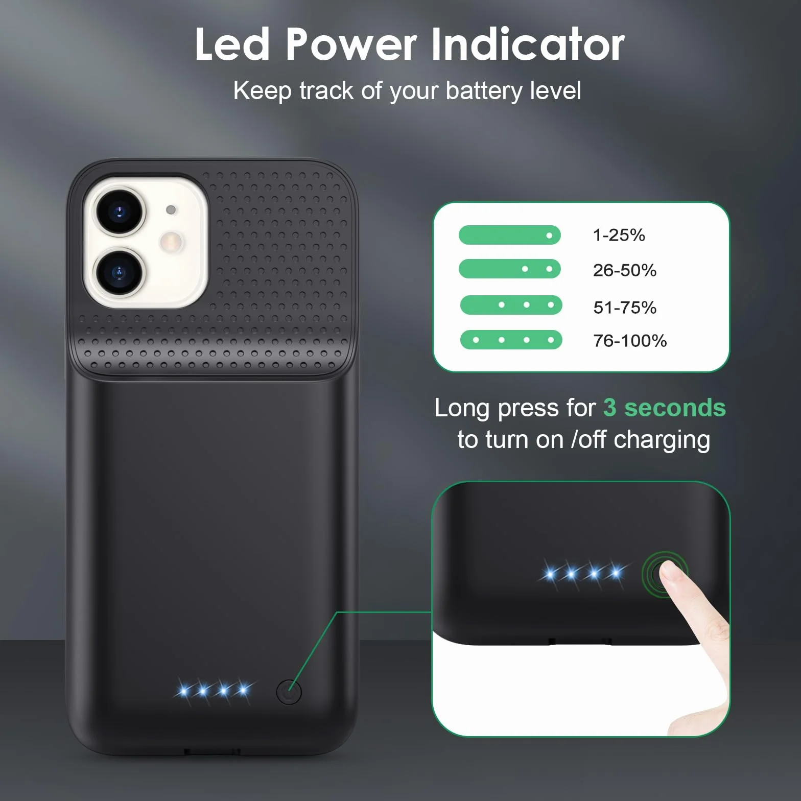 Akku Hülle für iPhone 12/12 Pro, HETP [10800 mAh] Wiederaufladbar Batterie Ladehülle Akku mit Schutzfolie, Tragbares Batterieladegerät Hülle Leistungsstarke Power Bank für iPhone 12/12 Pro (A-Schwarz)