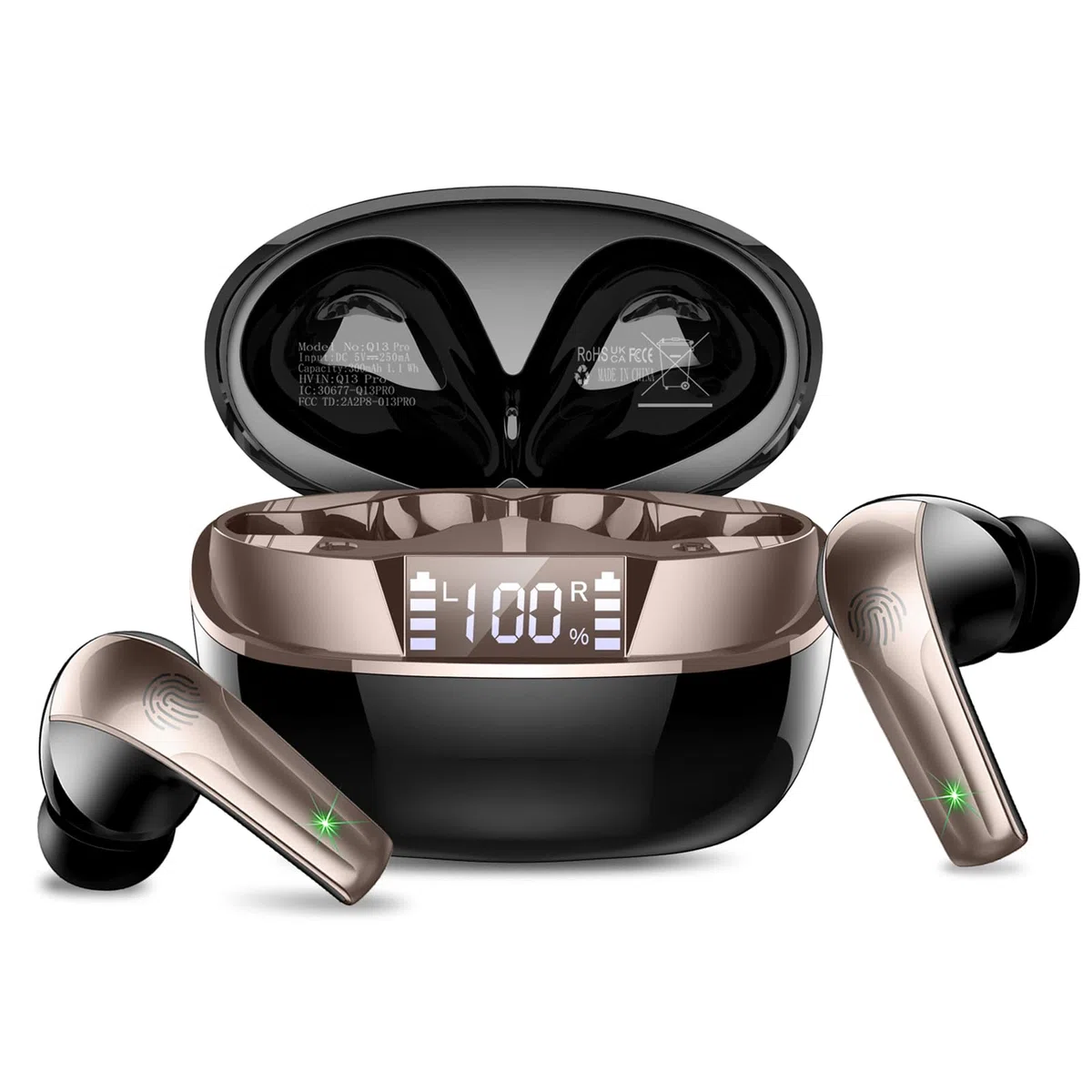 Bluetooth Kopfhörer, Kopfhörer Kabellos Bluetooth 5.4 HiFi-Klangqualität mit ENC Mikrofon, 47Std Spielzeit In Ear Ohrhörer mit IP7 Wasserdicht, Ohrhörer mit LED Anzeige für IOS/Android, Schwarzgold