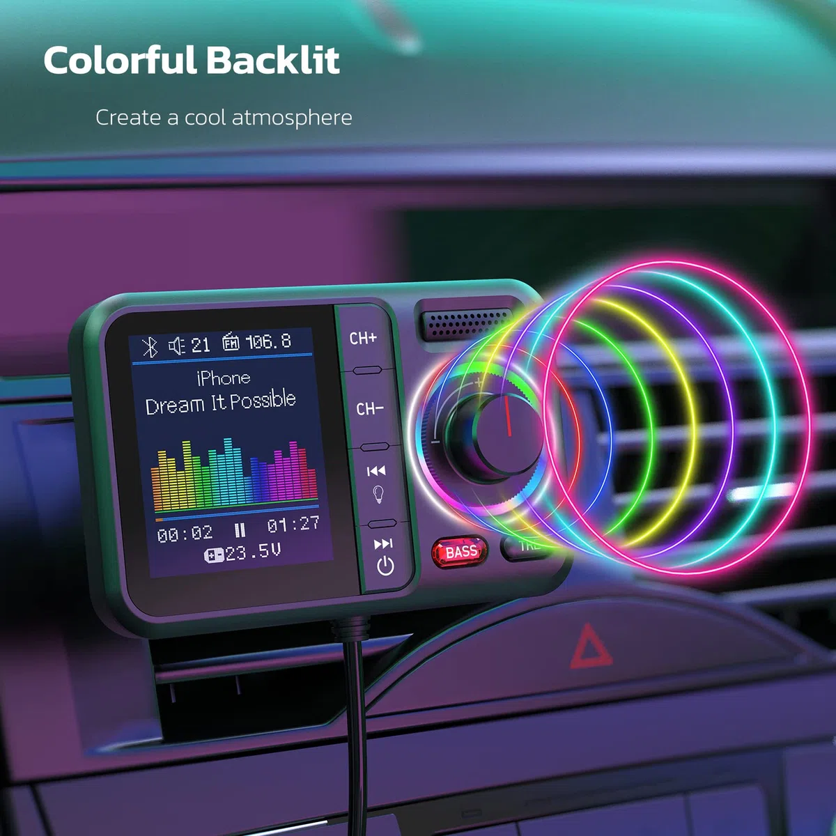 Nulaxy Bluetooth Adapter Auto FM Transmitter Bluetooth V5.0 Großer Bildschirm Unterstützung für Handfreie Anrufe Siri&Google MP3-Musik wiedergabe Subwoofer &TRE-Erweiterungen TF-Karte/AUX-KM28 Schwarz