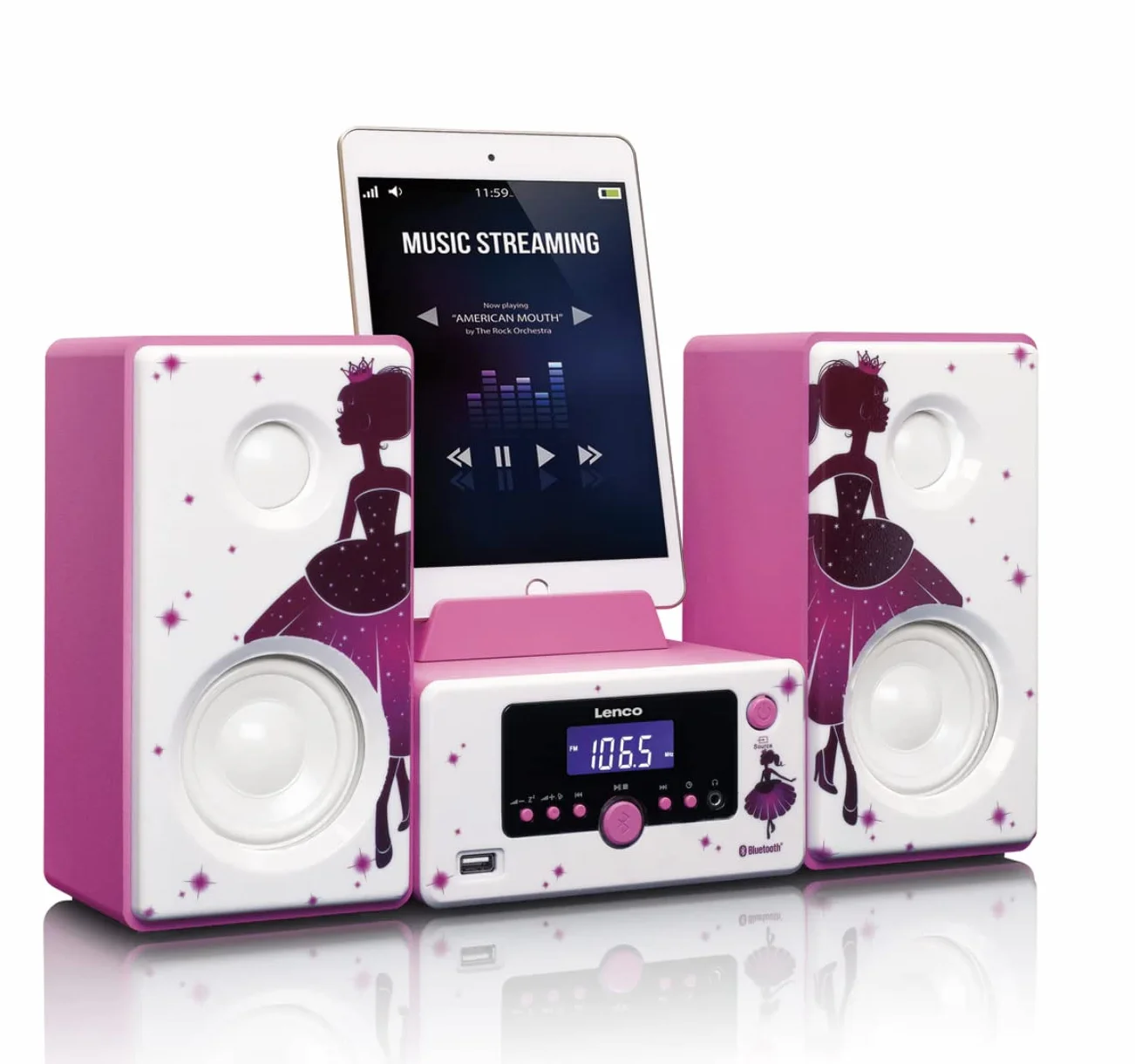 Lenco Stereoanlage MC-020 Kompaktanlage mit Bluetooth, USB und UKW-Radio (Weckfunktion, USB-Lader, Aux, Kopfhörerbuchse) 2 x 5 Watt (RMS), Princess
