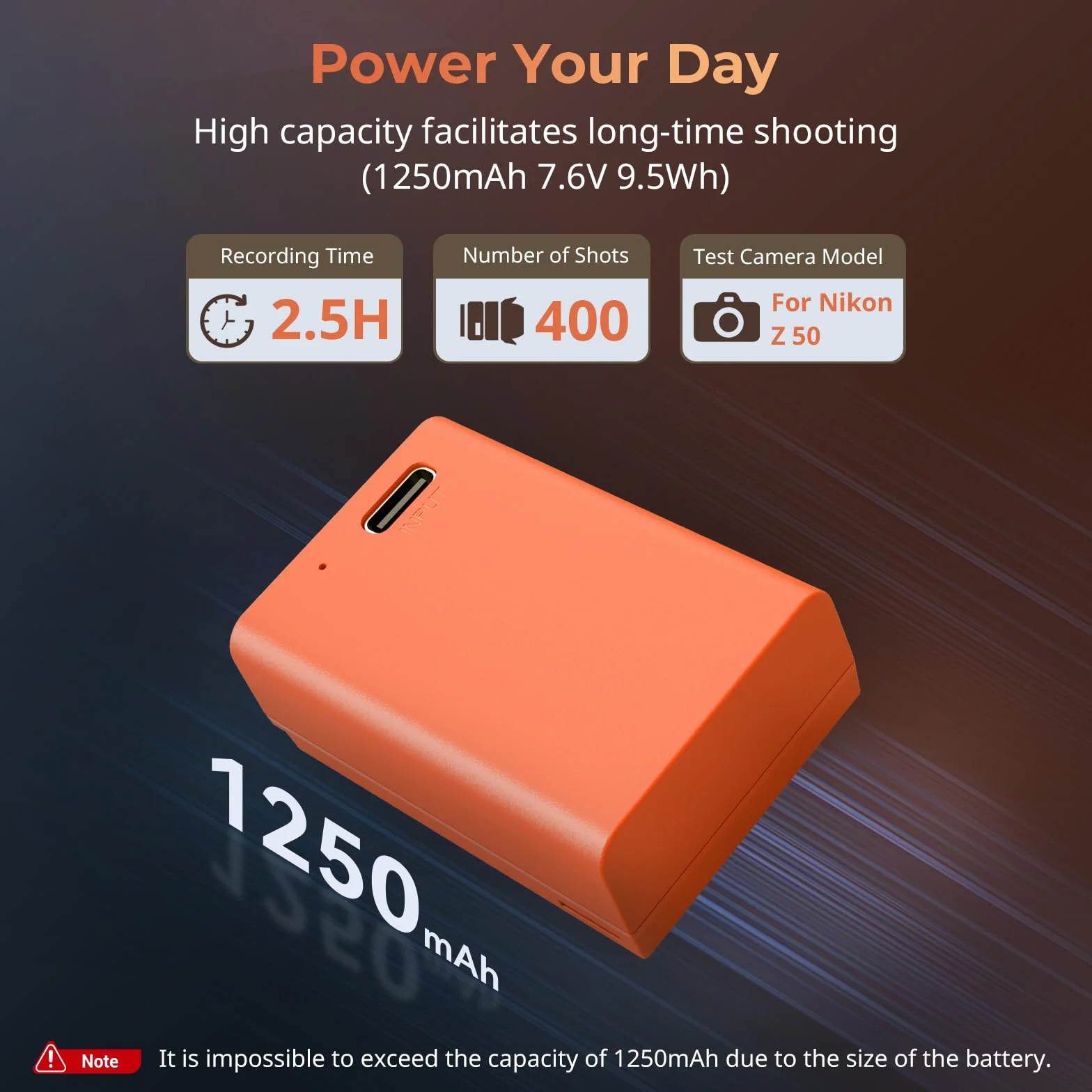 SMALLRIG Battery Akku für EN-EL25 1250mAh USB-C Battery Ersatzakku für Nikon Z30 / Z50 / Z50 II/Z fc, 1,75 Std. voll aufgeladener wiederaufladbarer Kamera-akku für Nikon Z50, Z fc, Orange – 4967