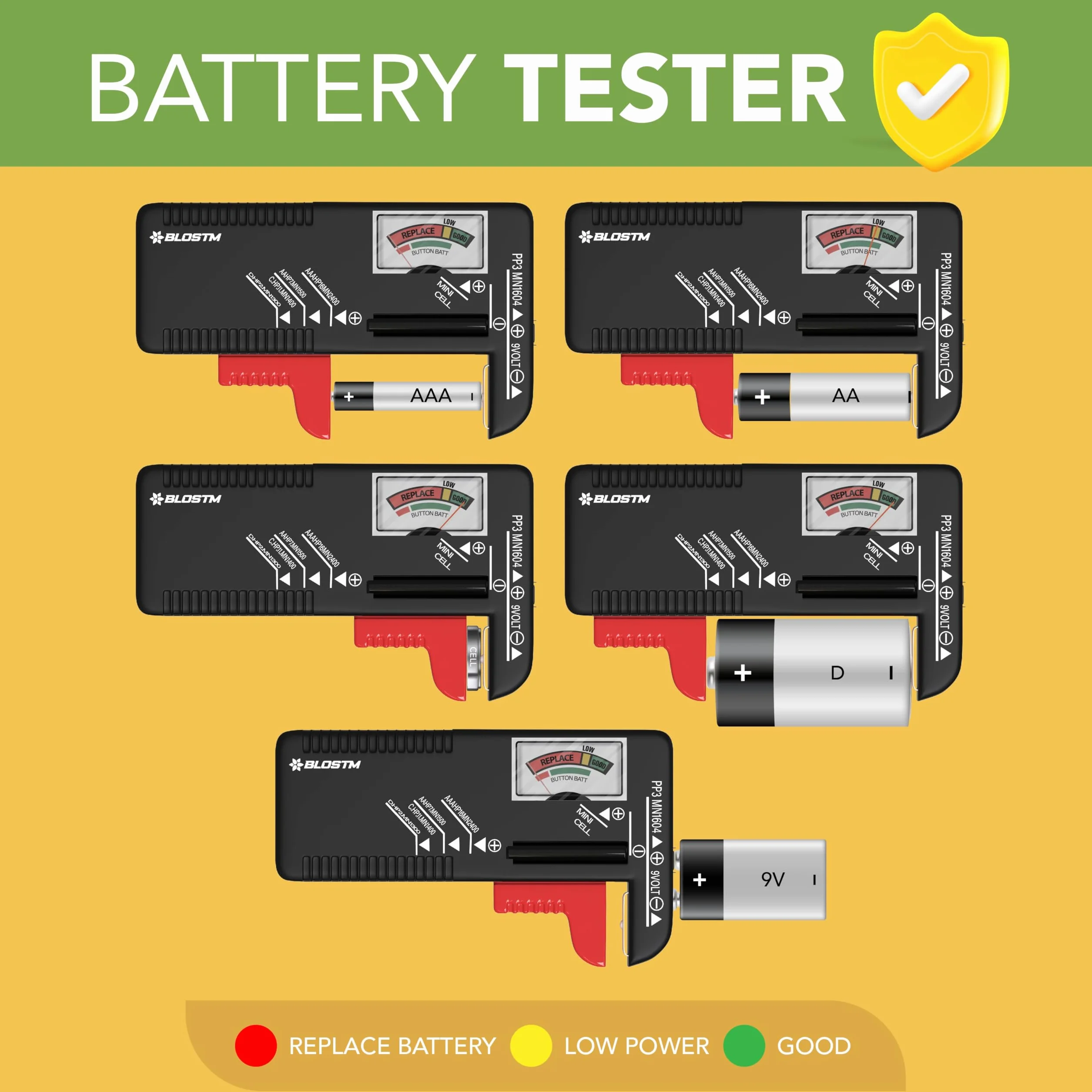 BLOSTM Batterie Organizer mit Batterietester - Batterie Aufbewahrungsbox für 140 Batterien AAA, AA, 9V, C, D, Knopfzelle, Batterie Box Aufbewahrung (Batterien Nicht Enthalten)
