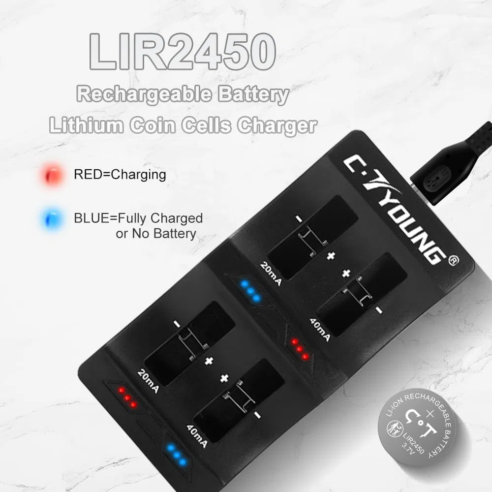 LIR2450 Lithium-Ionen-Batterien 4 Stück 3.7V wiederaufladbar mit Münzzelle-Ladegerät, das cr2450 3v ersetzt-mit Verschließbarem Aufbewahrungsbox für mehr Sicherheit