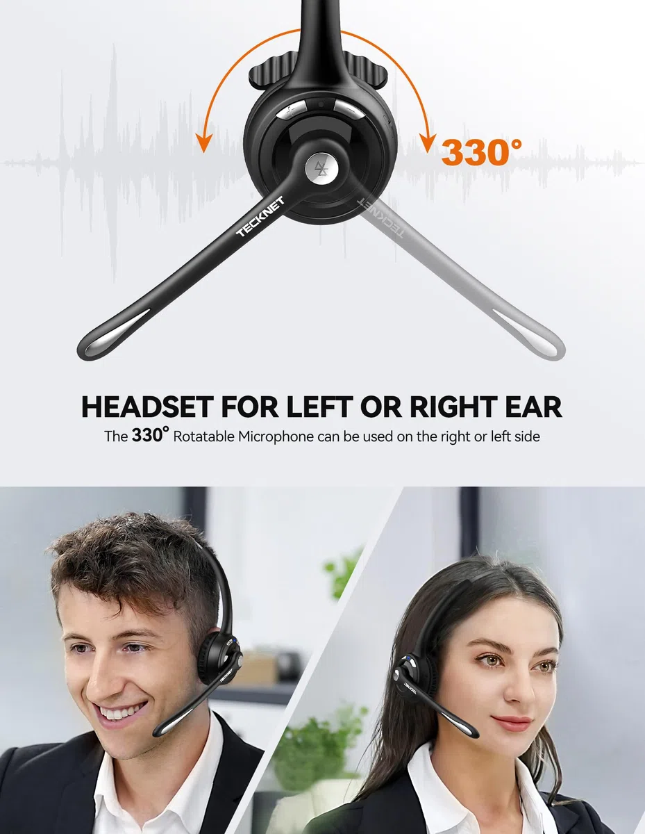 TECKNET Bluetooth Headset mit Mikrofon, kabelloses PC Headset Rauschunterdrückung und Freisprechen Chat Headset für Computer, Callcenter, Telefonkonferenzen, Super Leicht, Ultra Komfort