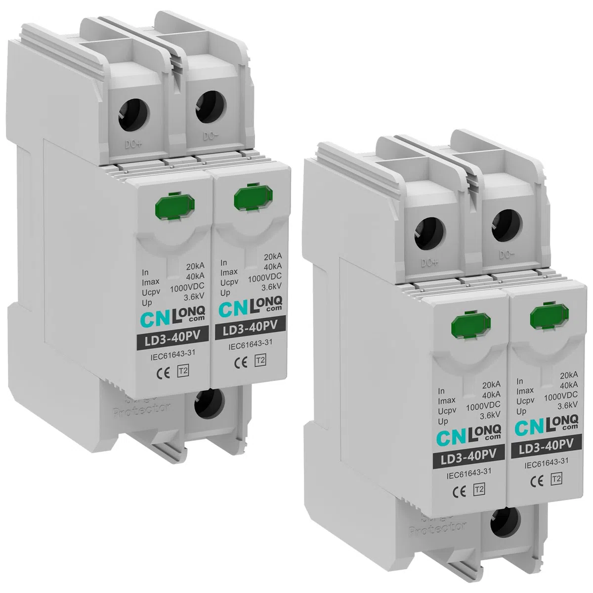 CNLONQ 2 Stück DC Überspannungsschutz PV Anlage DC1000V 2P 20kA/40kA 2P T2 Überspannungsableiter Blitzschutz Für Solar-Photovoltaik 35mm DIN-Schienenmontage