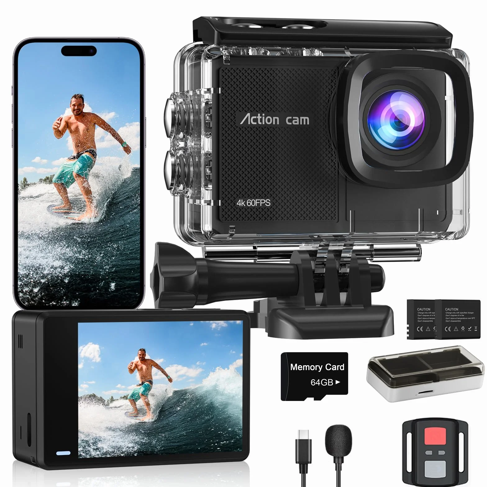 Action Cam Wasserdicht 4K60FPS 64GB Karte 131FT Unterwasserkamera 8X Zoom WiFi Helmkamera 48MP Stabilisierte Actionkameras mit Fernbedienung 2x1350 Batterien