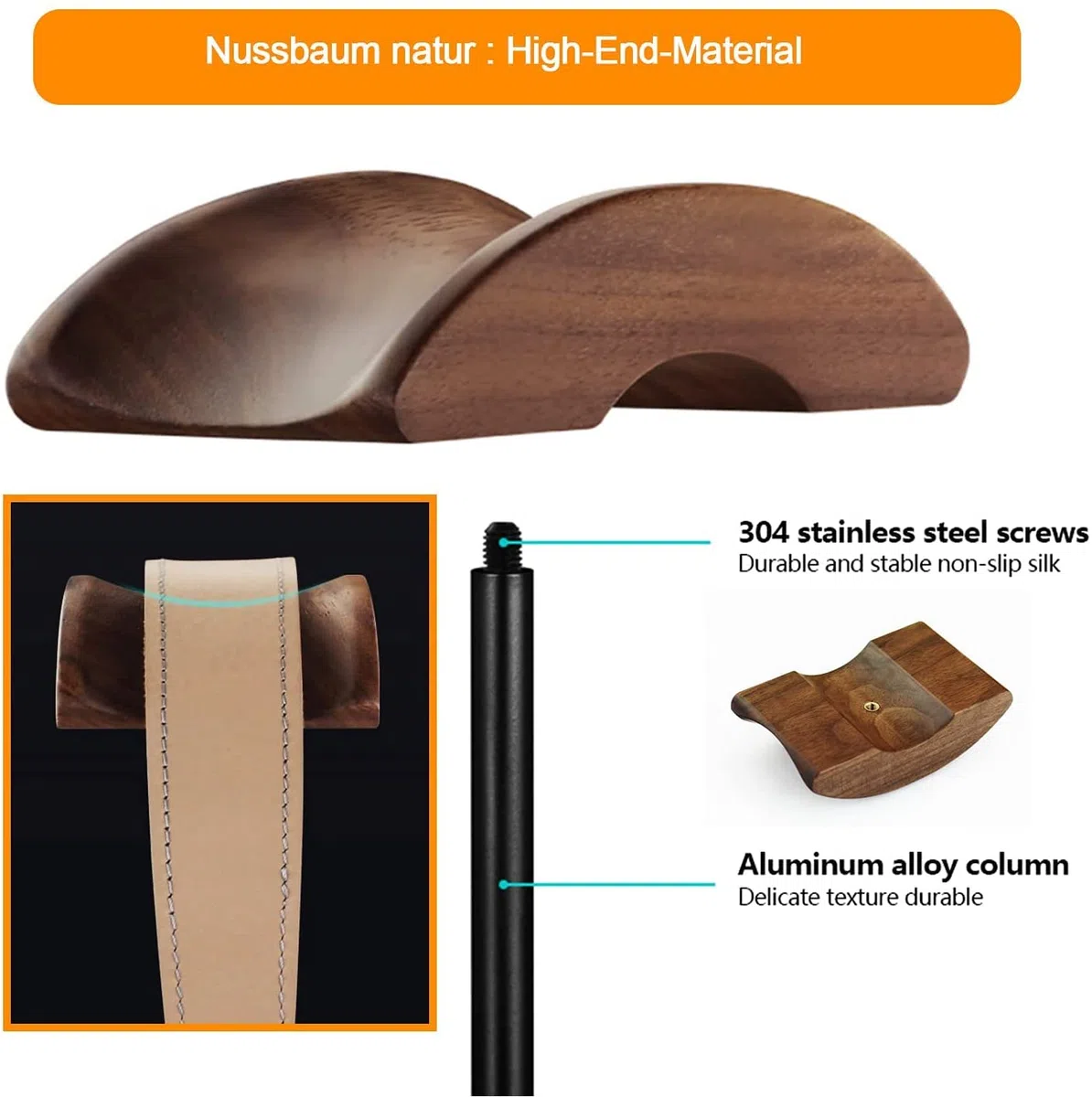 GGF Kopfhörer Ständer Headset Halterung aus Hochwertigem Walnussholz& Aluminium,Headset Ständer mit Anti-Rutsch Schwerer Basis,Kopfhörer Halter Geeignet für Tisch and Vitrine