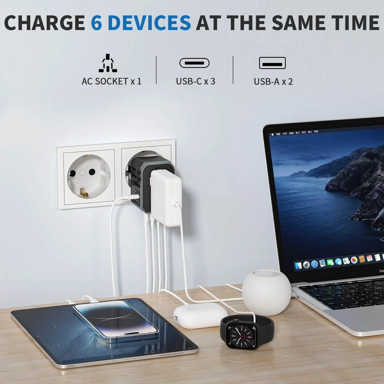 EPICKA Reiseadapter Weltweit, Universal Reisestecker Adapter 30W, Internationaler Steckdosenadapter mit 3 USB-C, 2 USB-A, Travel Adapter für Deutschland US UK Japan Thailand Australien TA-105C Schwarz