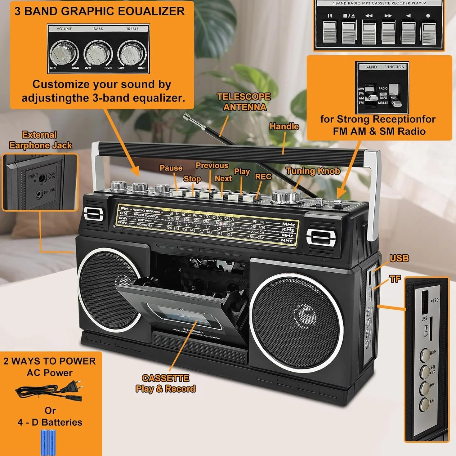 Kassettenspieler mit Bluetooth & Radio (AM/FM/SW) | Digitalisierung von Kassetten auf USB | Stereo Sound,10W, Kassettendeck, USB/TF-Wiedergabe, Netz-/Batteriebetrieb Boombox, Kopfhöreranschluss