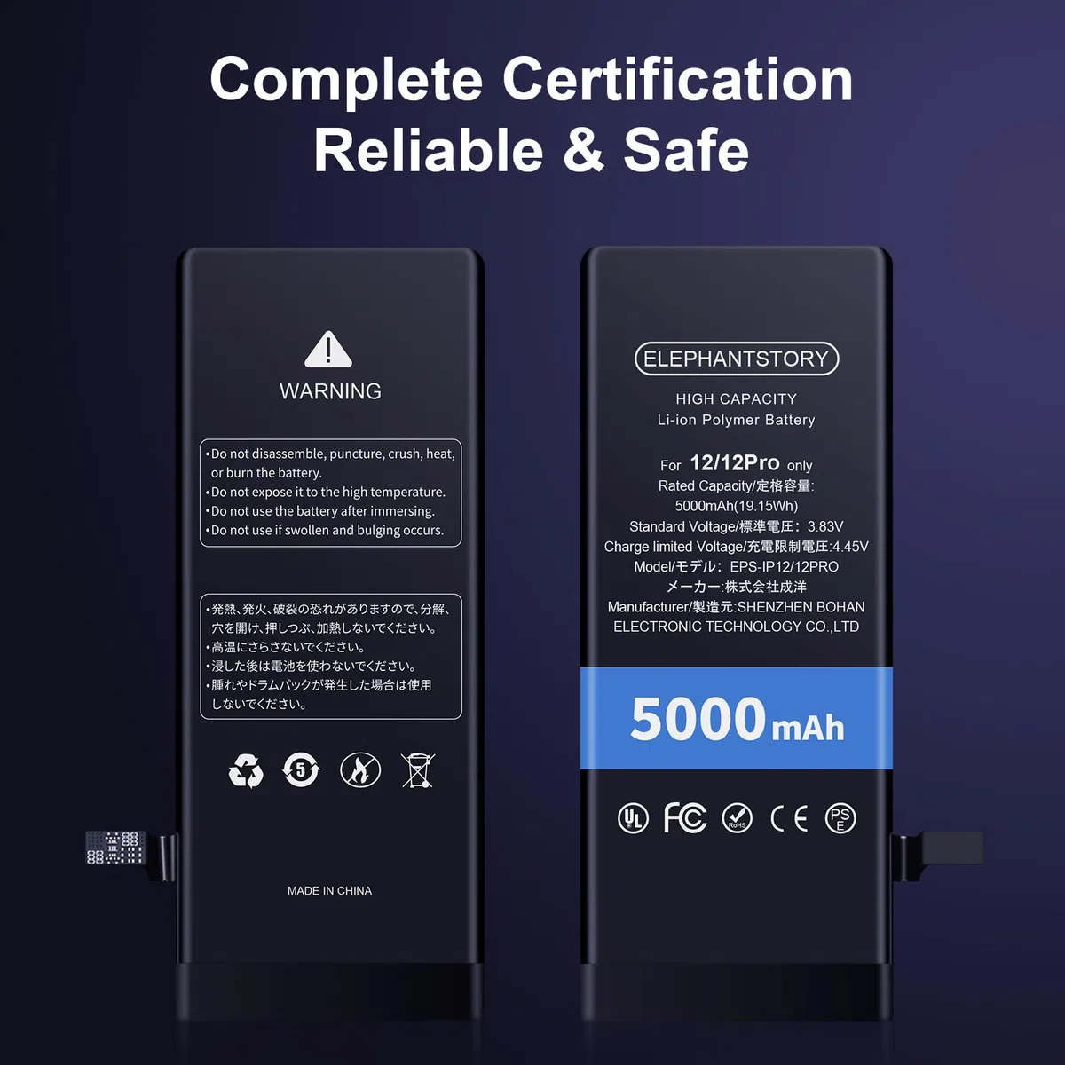 Elephantstory Akku für iPhone 12/12 Pro, 5000 mAh Hohe Kapazität Ersatzakku Lithium Polymer Akku mit Reparatur Werkzeugsatz und Anleitung Buch