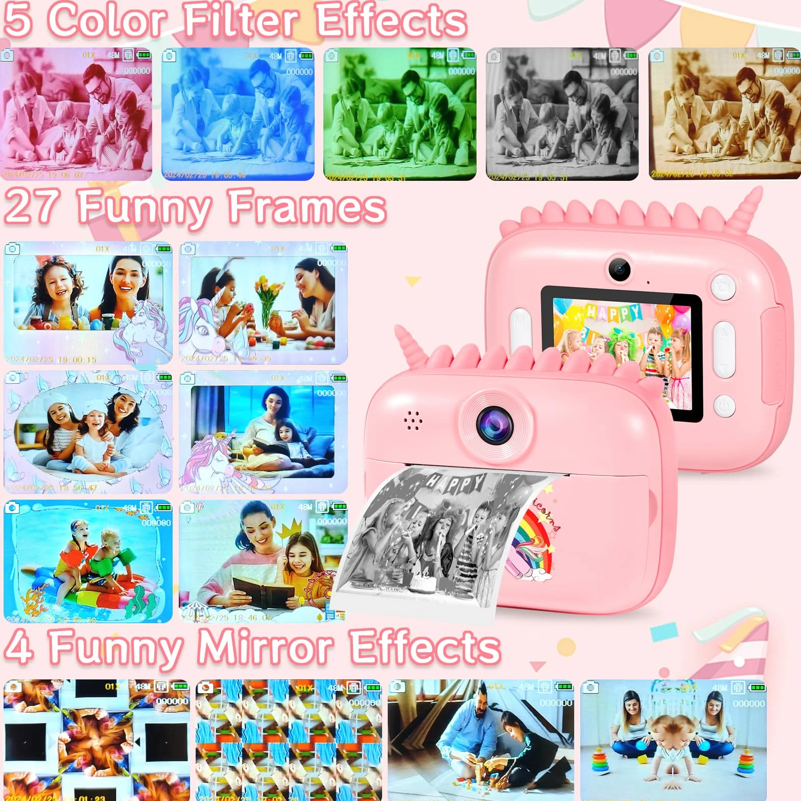 Kinderkamera, 48MP 2.4 Zoll Bildschirm, Sofortbildkamera mit 32G Karte, Druckpapier & Farbigen Stiften, 1080P HD Video, Geschenk für Kinder 3-12 Jahren