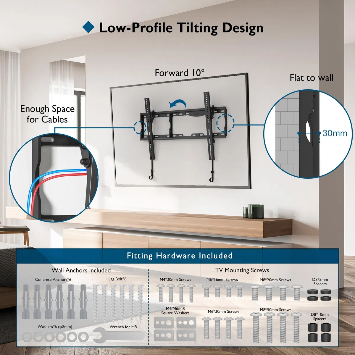 BONTEC TV Wandhalterung Neigbar für 17-86 Zoll Fernseher, bis zu 75 kg, VESA 75x75-600x400mm, flach zur Wand 30mm, inkl. Wasserwaage, Kabelbinder, einfache Installation