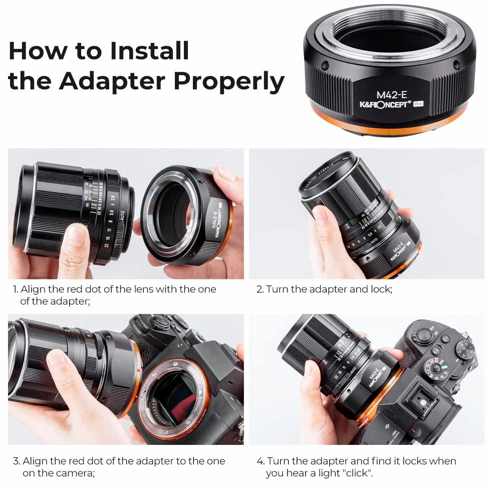 K&F CONCEPT M10105 M42-NEX Hochpräziser Objektivadapter, Sekundäre Oxidation Adapter Ring, Sony NEX Adapter, Objektiv Adapterring für M42 Objektiv auf Sony NEX E-Mount Kamera