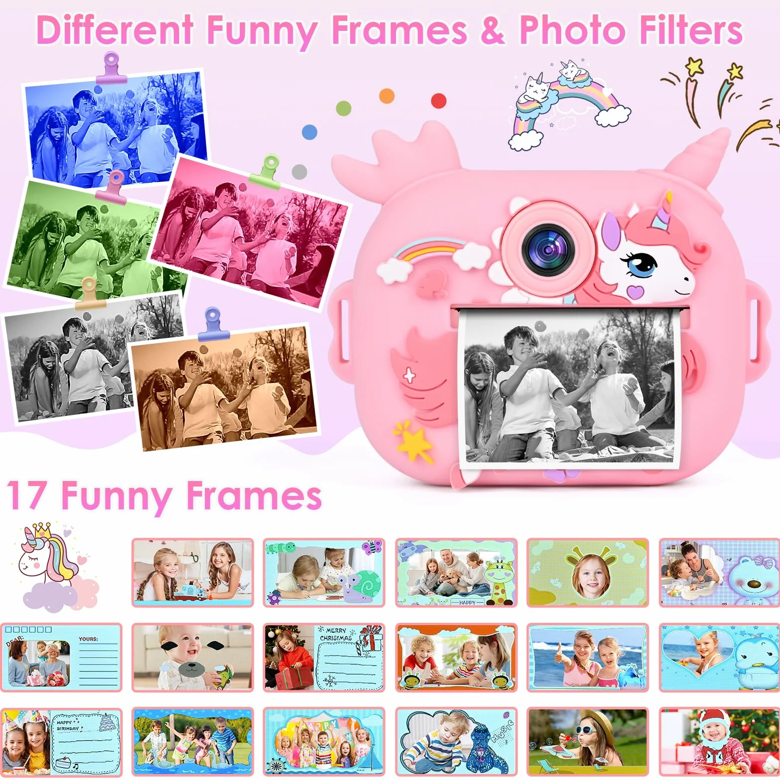 Sofortbildkamera, 2,4 Zoll (6,1 cm) Display, Digitalkamera für Kinder, Videokamera mit Druckpapier und Karte 32 GB farbige Stifte, Weihnachten, Geburtstag, Geschenk für Kinder 3 – 10 Jahre (Rosa)