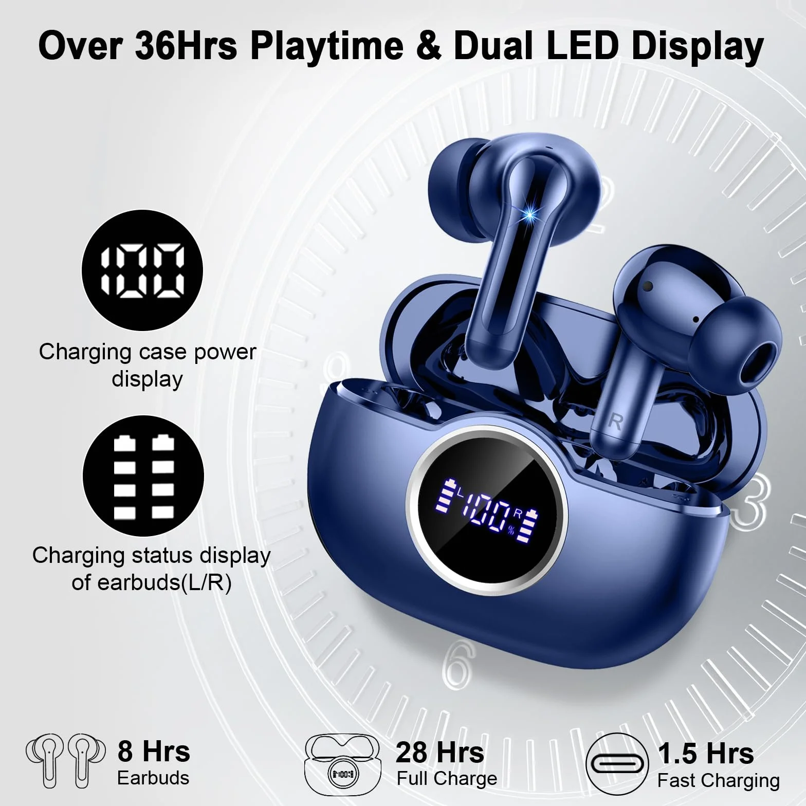Kopfhörer Kabellos Bluetooth 5.4, Bluetooth Kopfhörer In Ear 2024 Kabellose Kopfhörer Tiefer Bass, ENC Noise Cancelling Mic Wireless Earbuds 36Std Wireless Ohrhörer, IP7 Wasserdicht/USB-C/LED-Anzeige