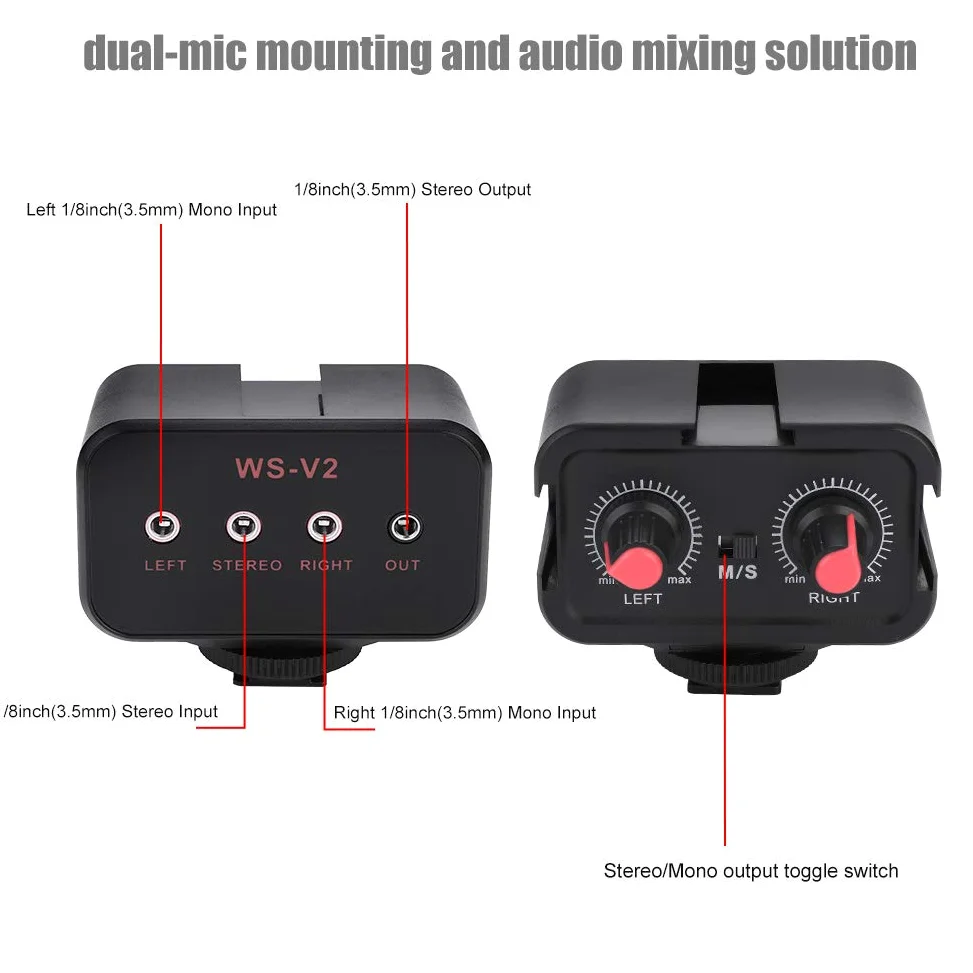 2-Kanal-Kamera-Mikrofon-Audiomixer für DSLR-Kameras, universeller tragbarer Mikrofon-Audioadapter-Mixer mit 3,5-mm-Eingängen, DREI Montageschuhen, Zwei Trimmregler, Zwei Stereo/Mono-Adapter