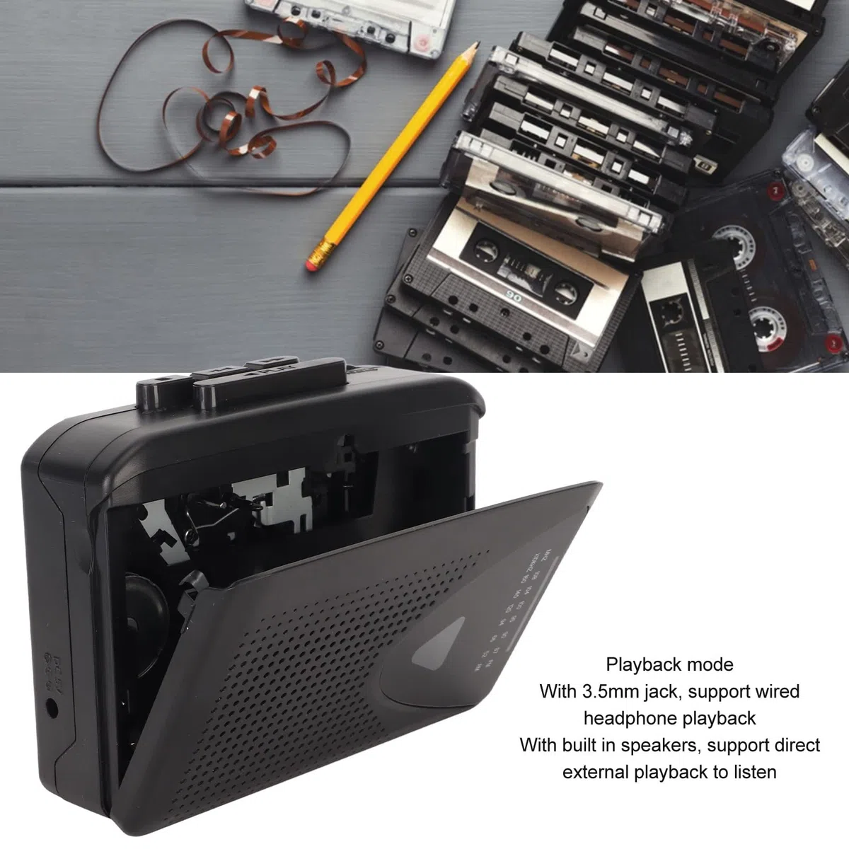 Tragbarer Kassettenspieler, Retro-FM-AM-Radio-Walkman mit Lautsprecher und Kopfhöreranschluss, Kassetten-zu-MP3-Konverter, Kassettenrekorder für Reisen, Sport (Schwarz)