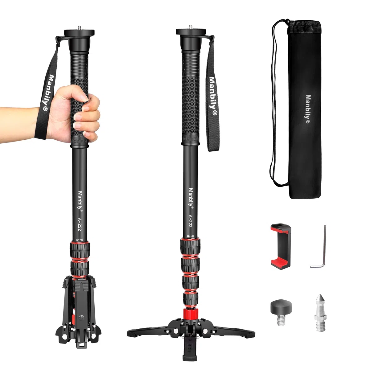 Manbily ausziehbares Kamera-Einbeinstativ aus Aluminium mit Füßen, tragbarer Reise- und abnehmbarer Stativfuß für DSLR Canon/Sony/Handy, 5 Abschnitte bis zu 170 cm, maximale Belastung 15,5 lbs (A-222)