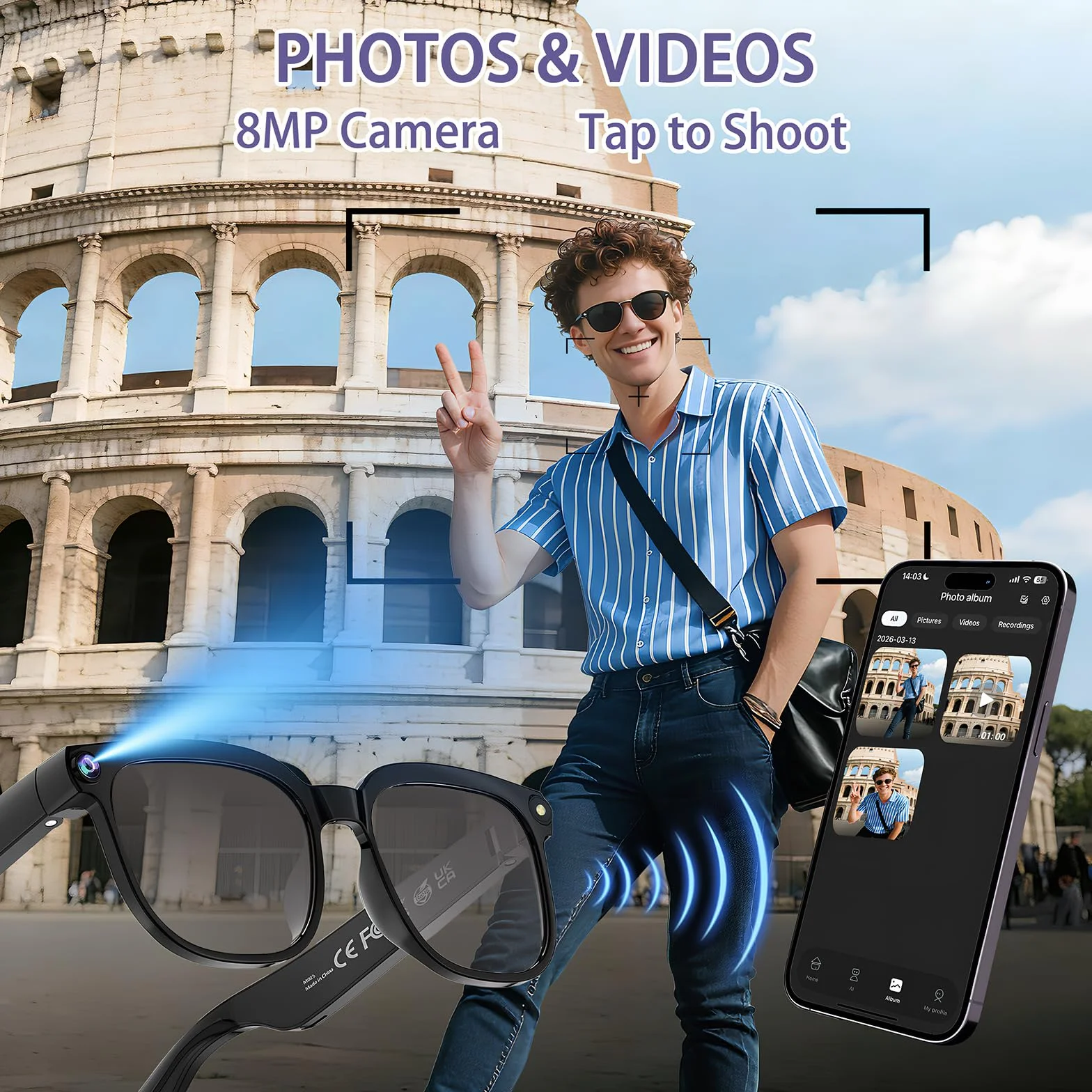 Bluetooth Smart Glasses mit HD 8MP Kamera-1080p Videoaufnahme, Bluetooth 5.4, Echtzeit-KI-Übersetzung & Objekterkennung, Blau licht, Zwei Mikrofone für Anrufe, Aufnahmen