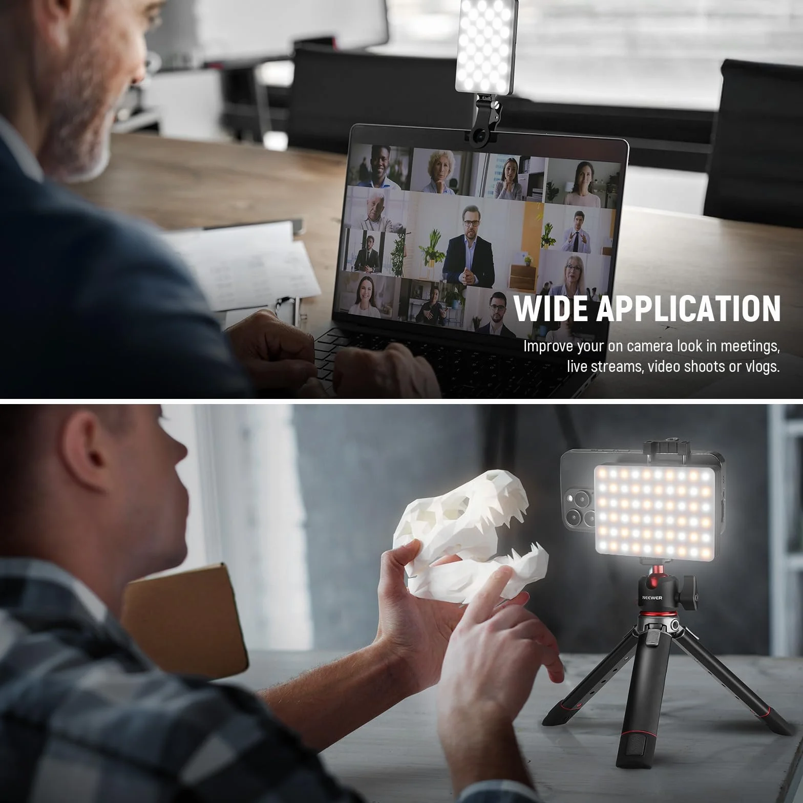NEEWER Basic Clip On Selfie Licht kompatibel mit iPhone, 2000mAh wiederaufladbares LED Videolicht mit Handy Clamp für Computer Webcam, Laptop, Zoom Videokonferenzen, Make up Fotografie, NL-60AI