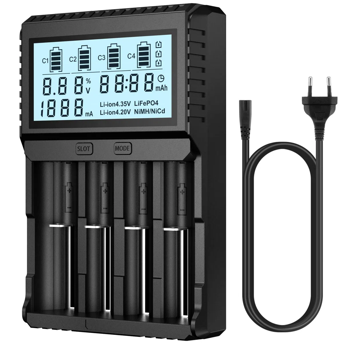 POWXS Universal Batterie Ladegerät, 18650 Akku Ladegerät mit Testfunktionen, LCD-Display Batterien Ladegerät für Li-Ion Lithium IMR NI-MH NI-Cd AA AAA C 26650 21700 18650 16340 14500 10440 RCR123
