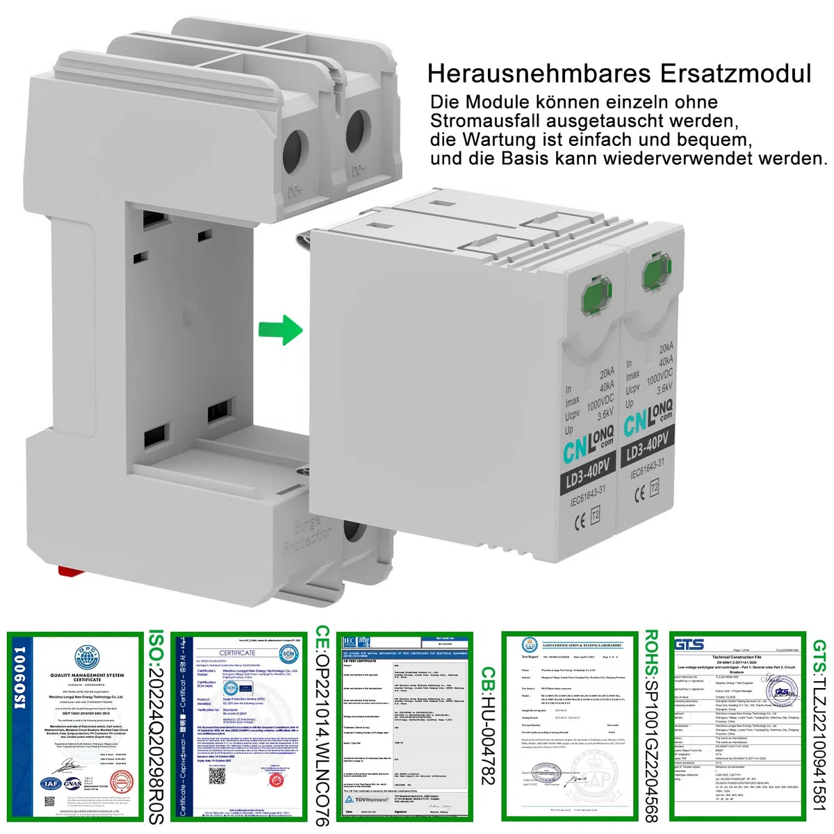 CNLONQ 2 Stück DC Überspannungsschutz PV Anlage DC1000V 2P 20kA/40kA 2P T2 Überspannungsableiter Blitzschutz Für Solar-Photovoltaik 35mm DIN-Schienenmontage