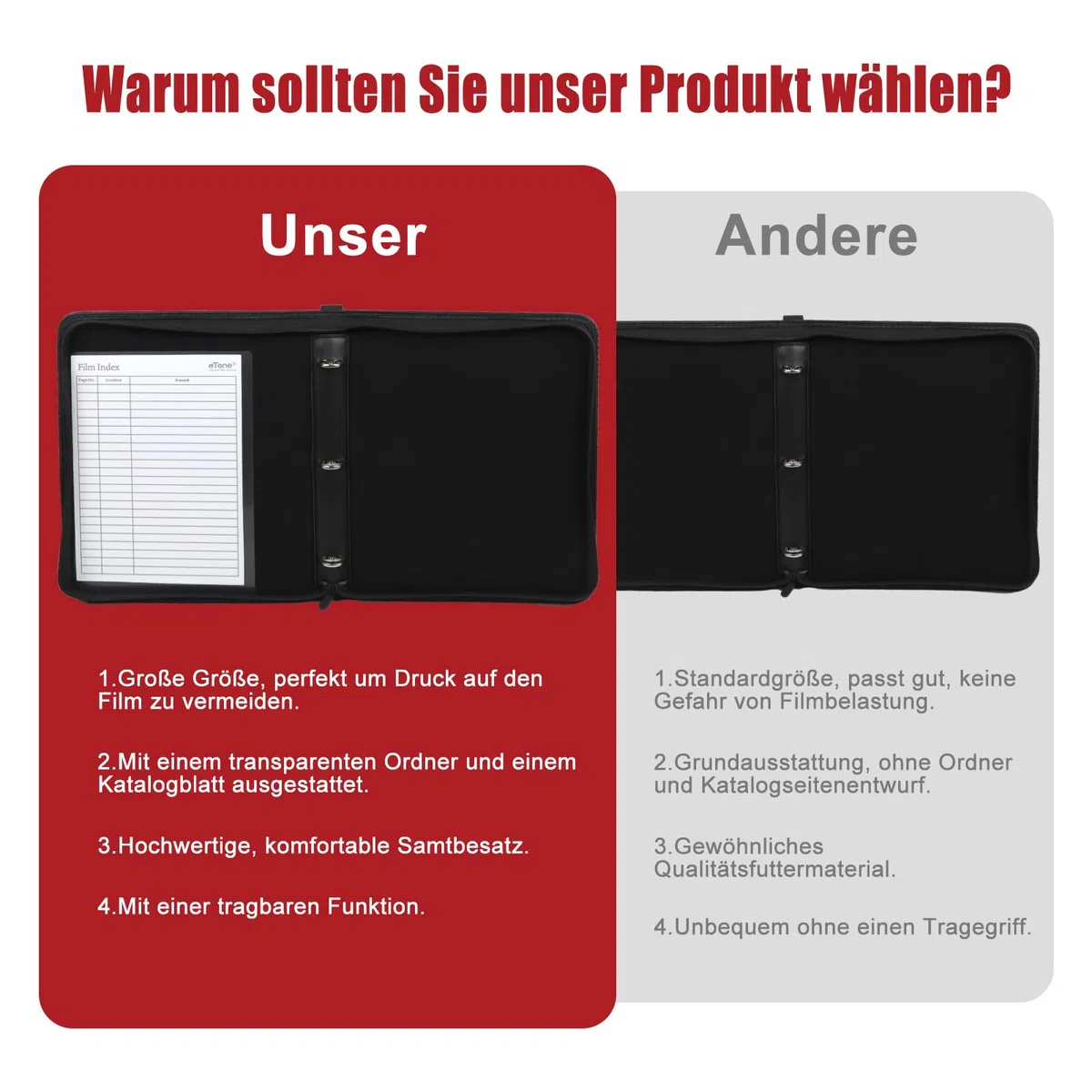 eTone Filmnegativ-Aufbewahrungsbox, PU-Leder Schwarz, 33,5 x 18 x 5 cm, 3-Ring-Album mit Samtfutter